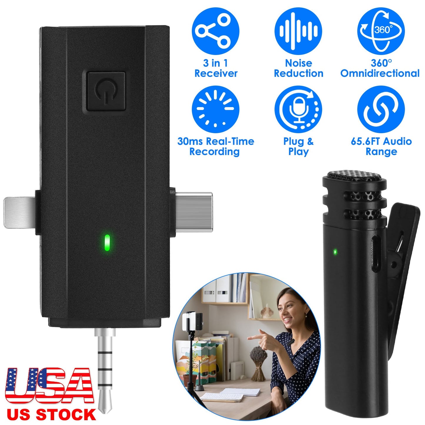 1Pc 3 in 1 Wireless Clip On Microphone Omnidirectional Mic Noise Reduction Plug and Play 65.6FT Transmission Type-C IOS PC Video Record Interview Vlog