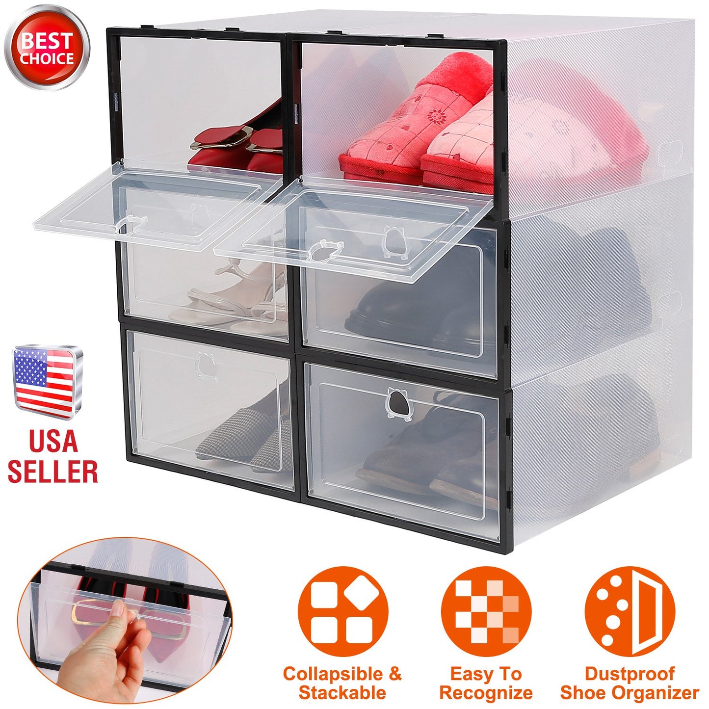 6Pcs Collapsible Shoe Box Stackable Shoe Storage Bin Transparent Dustproof PP Shoe Organizer Container