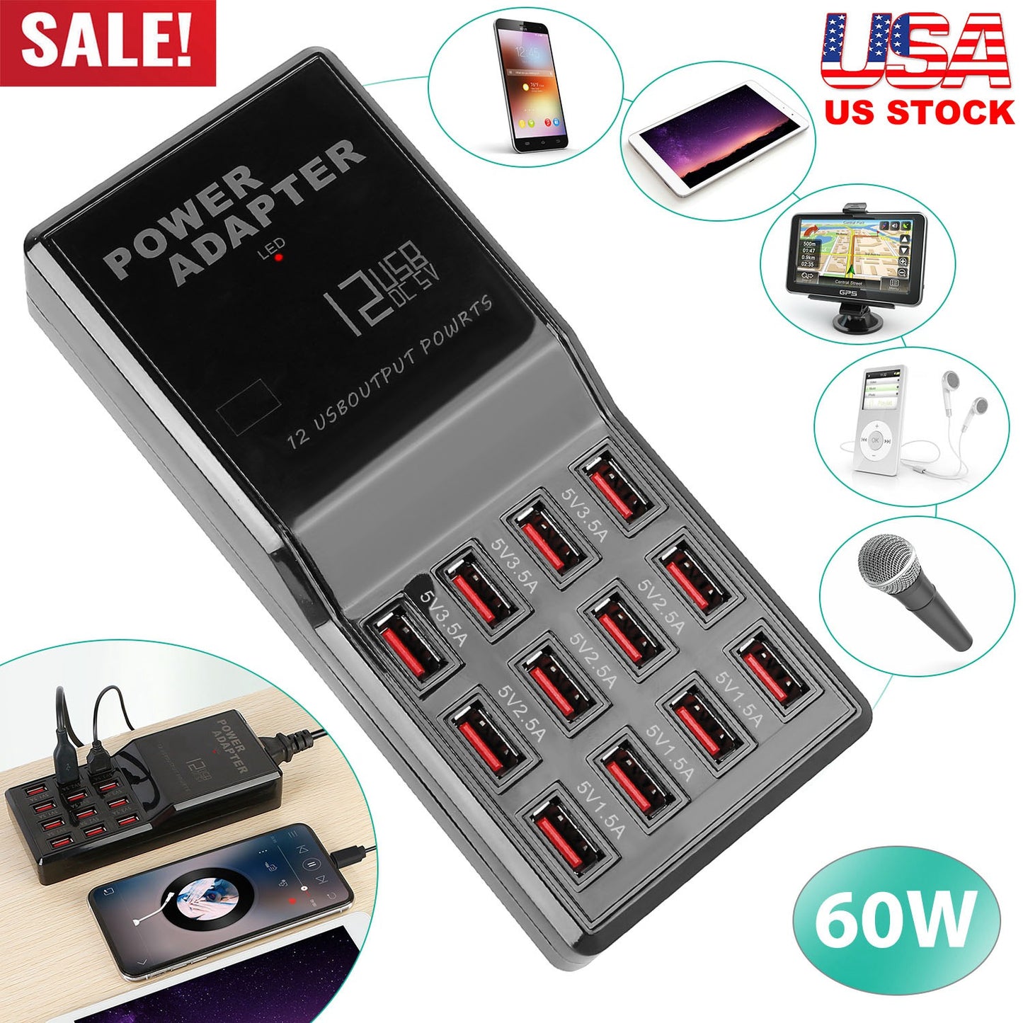 Multi 12 Port USB Charging Station Hub 60W Desktop USB Hub Multiple USB Charger Fast Charge For iPod iPhone 3.74ft Power Cord