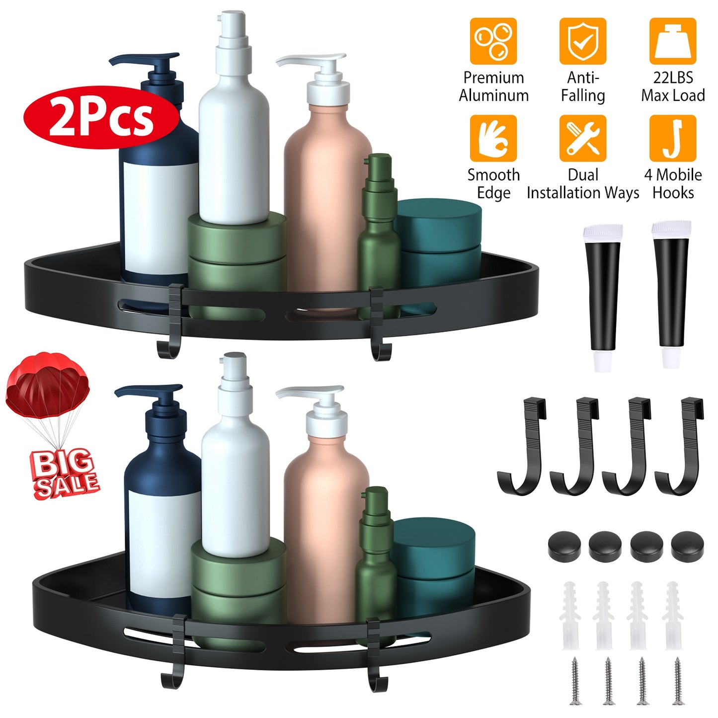 2Pcs Corner Shower Caddy Shelf Adhesive Bathroom Wall Mounted Storage Racks Aluminum Organizers For Bathroom Toilet Kitchen Dorm