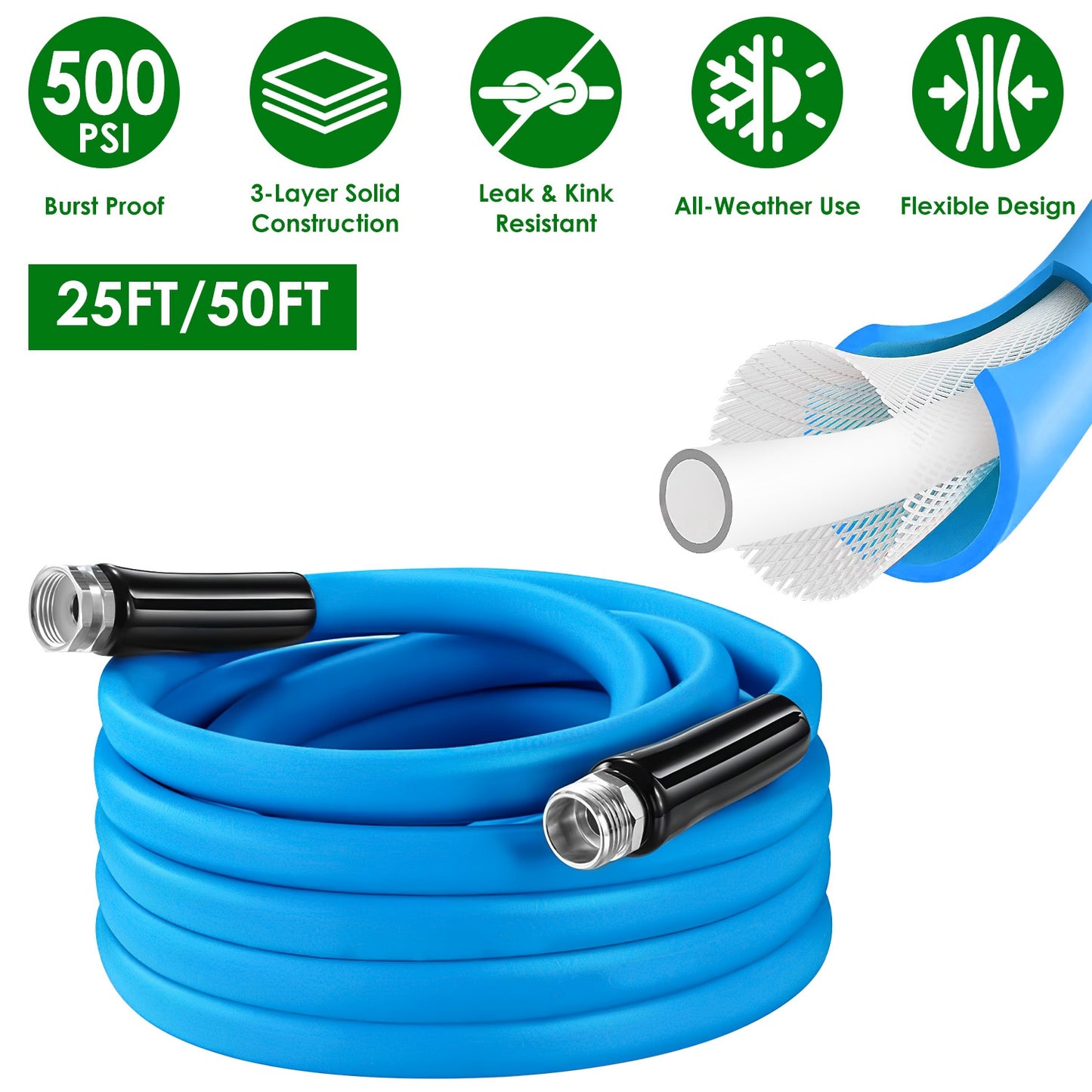25FT/50FT 5/8" Non-Expanding Flexible Garden Hose Heavy Duty PVC Water Hose Leak-Resistant Kink-Free All-weather Burst 500PSI