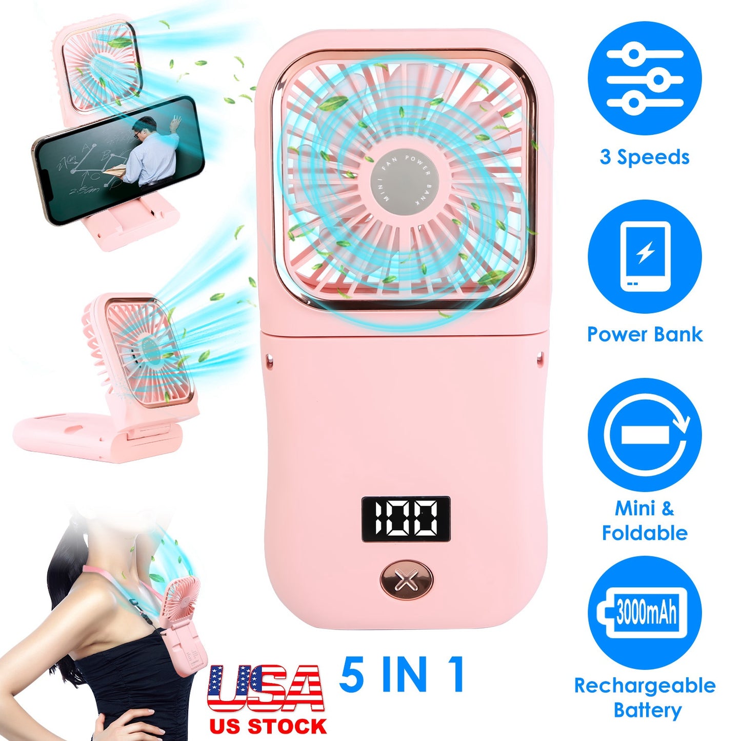 5 In 1 Folding Mini Fan Hands-free Rechargeable Neck Fan Handheld Fan with 3 Speeds Power Bank Phone Holder Neck Strap for Home Office Travel Dormitor