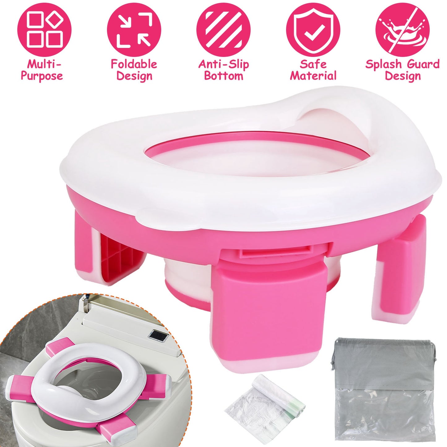 Portable Toddler Potty Toilet Foldable Potty Training Seat Cover with Splash Guard Include Storage Bag 20Psc Potty Bags Baby Toilet Trainer for Indoor