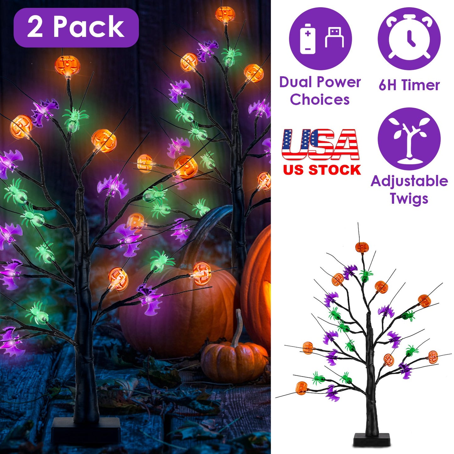 2Pack 1.97FT Lighted Halloween Trees Halloween Indoor Decorations Black Halloween Tree Lights with Timer Adjustable Twigs for Tabletop Party