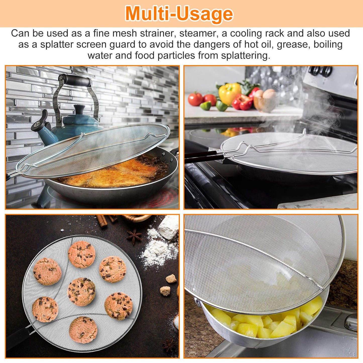 Grease Splatter ScreenÊ13in Stainless Steel Fine Mesh Splash Mesh Shield Hot Oil Stopper w/ Resting Feet For Frying Pan Cooking Woks Skillets Pots Pan