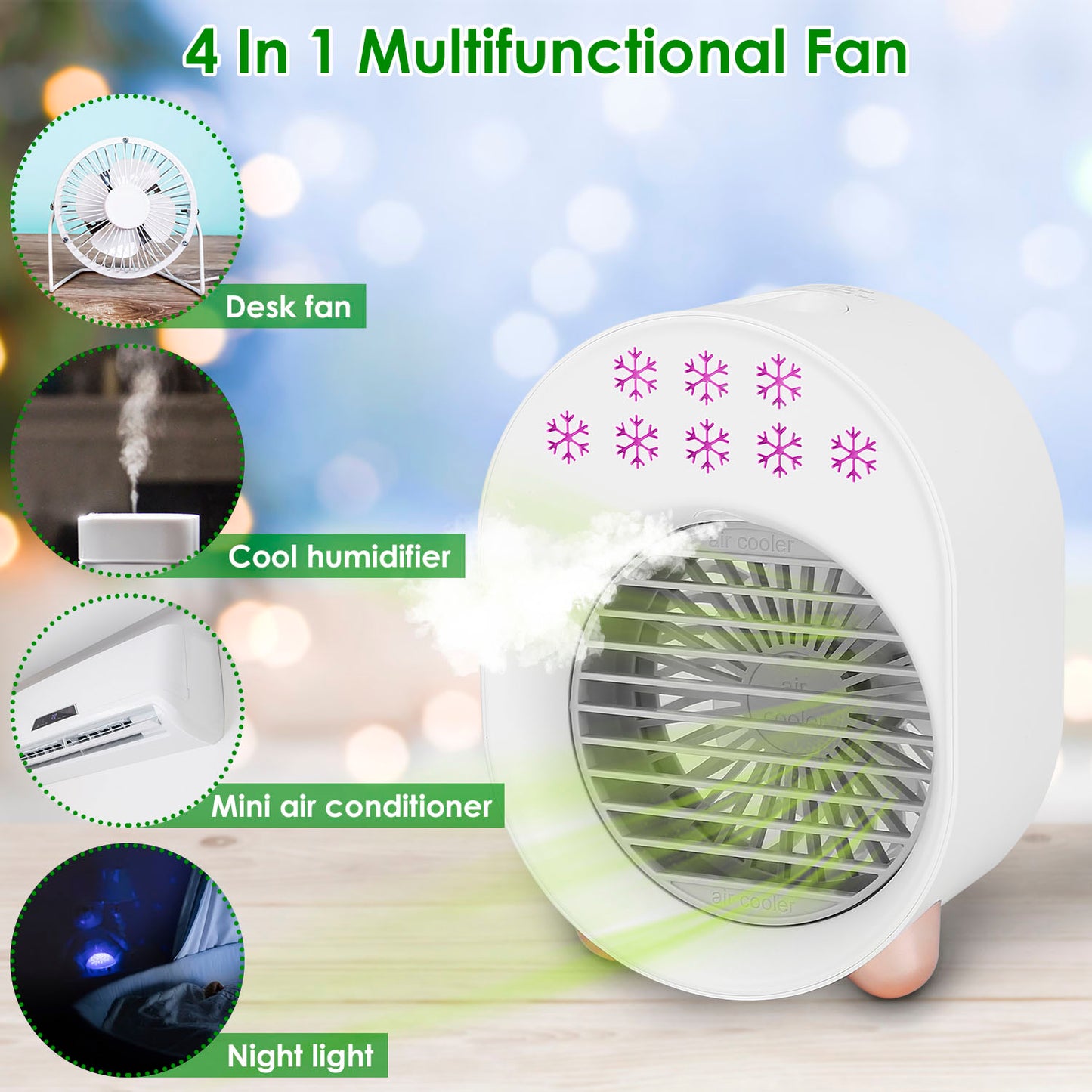 4 In 1 Portable Mini Desktop Air Conditioner Fan Water Mist Cooling Fan USB Rechargeable Humidifier Fan Evaporative Air Cooler 3 Wind Modes Colorful L