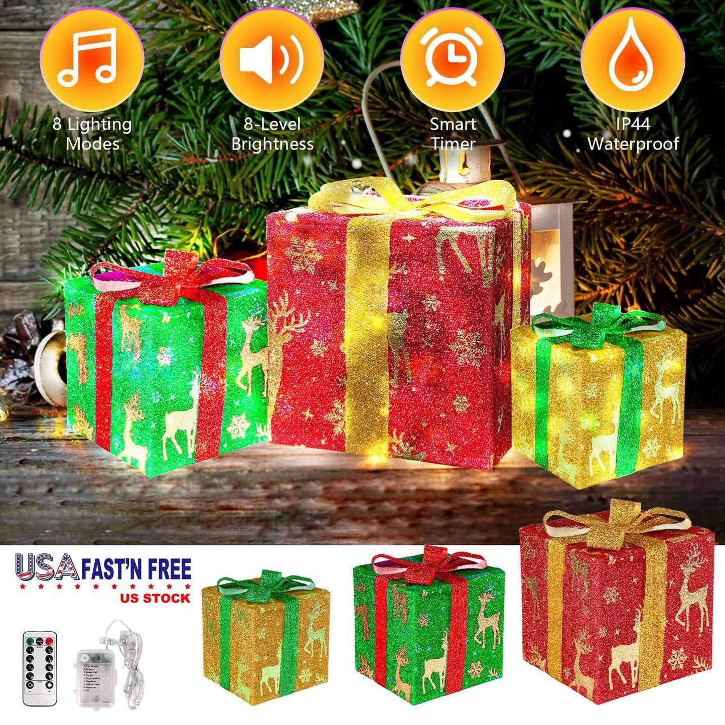 Set of 3 Christmas Lighted Gift Boxes Xmas Present Ornament 50 LED Christmas Box Decorations with Ribbon Bows IP44 Waterproof Battery Powered for Indo