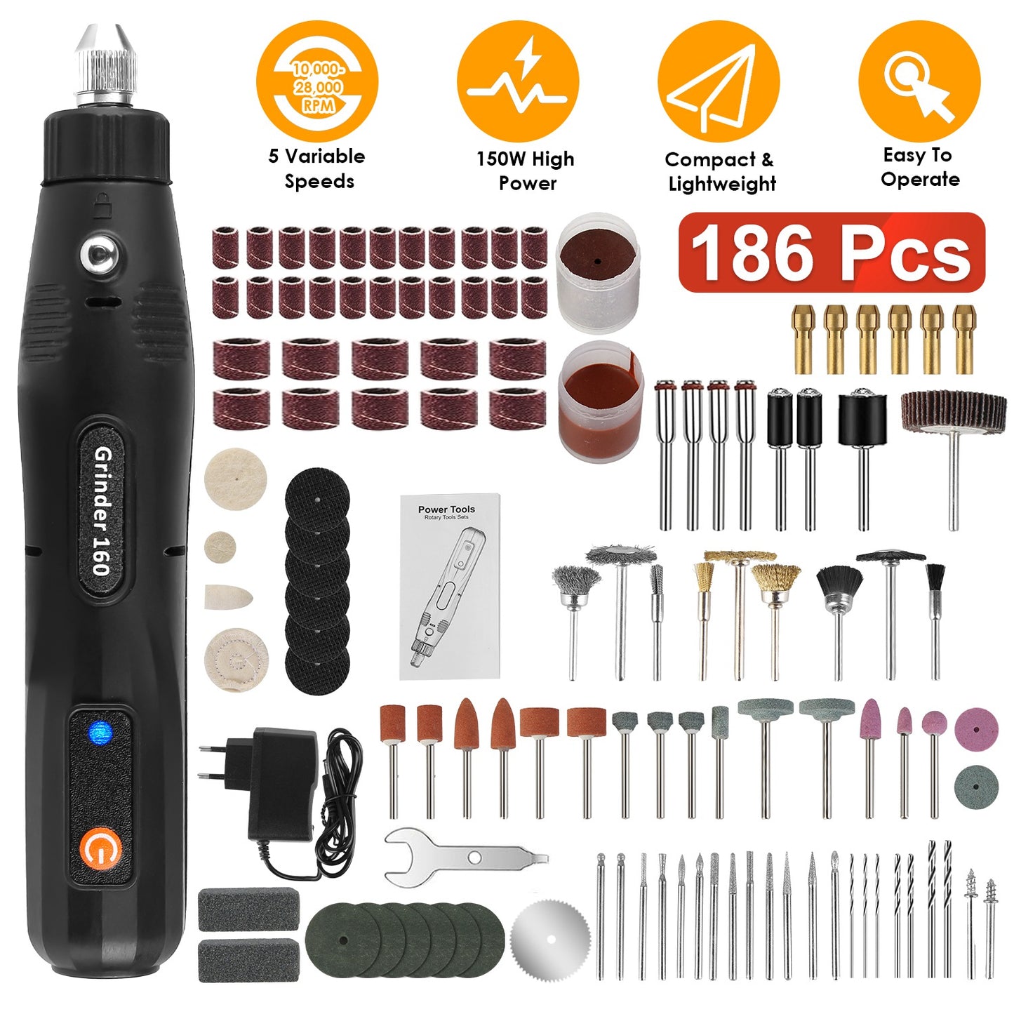 Mini Corded Rotary Power Tool Set of 186Pcs Electric Detail Sander Grinding Pen Small Drill Kit Engraver with 5 Speeds for Sanding Polishing Drilling