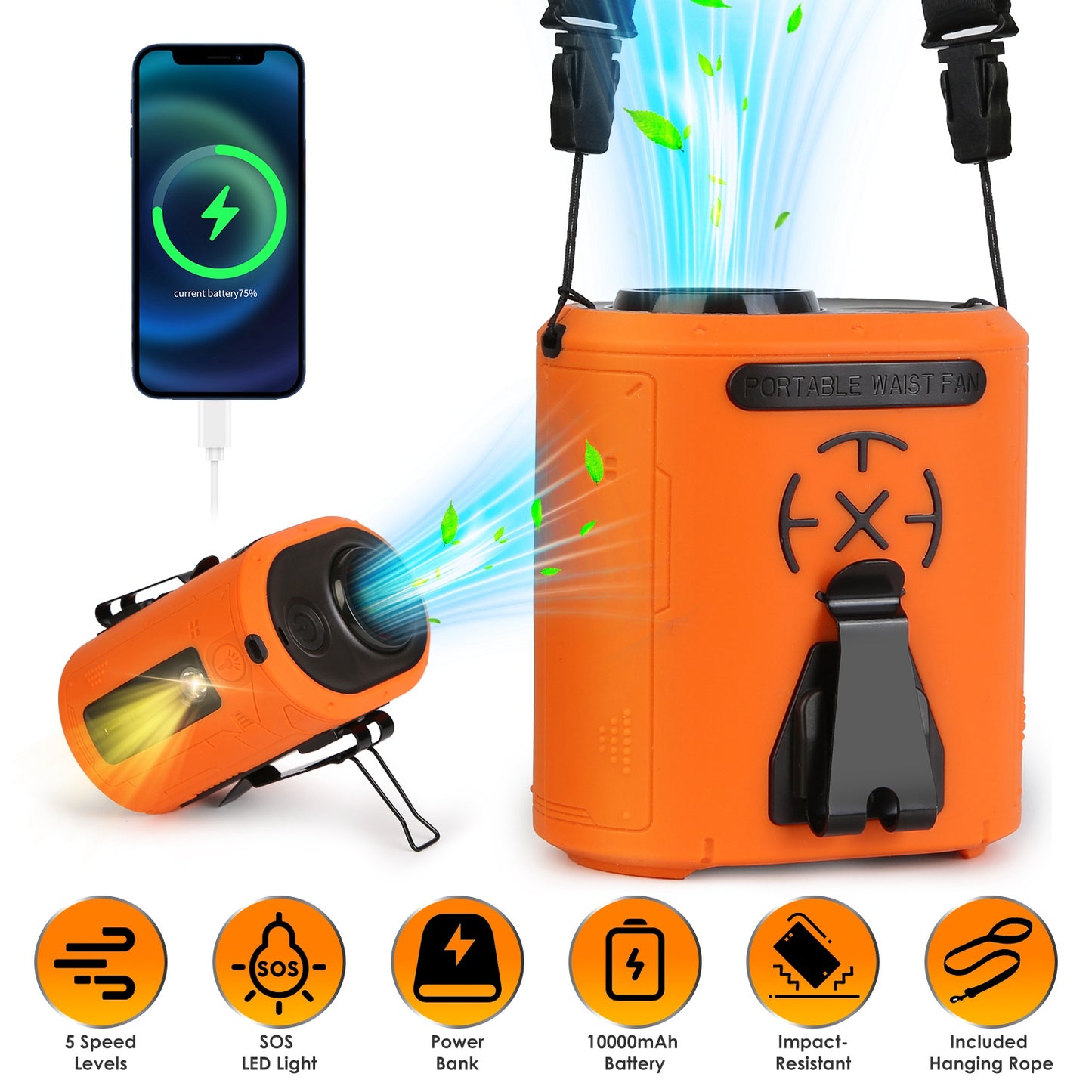 5 In 1 Portable Waist Clip Fan With 5 Speeds Flashlight 10000mAh Battery Operated Personal Wearable Turbo Belt Fan Hands-Free Neck Fan For Camping Tra