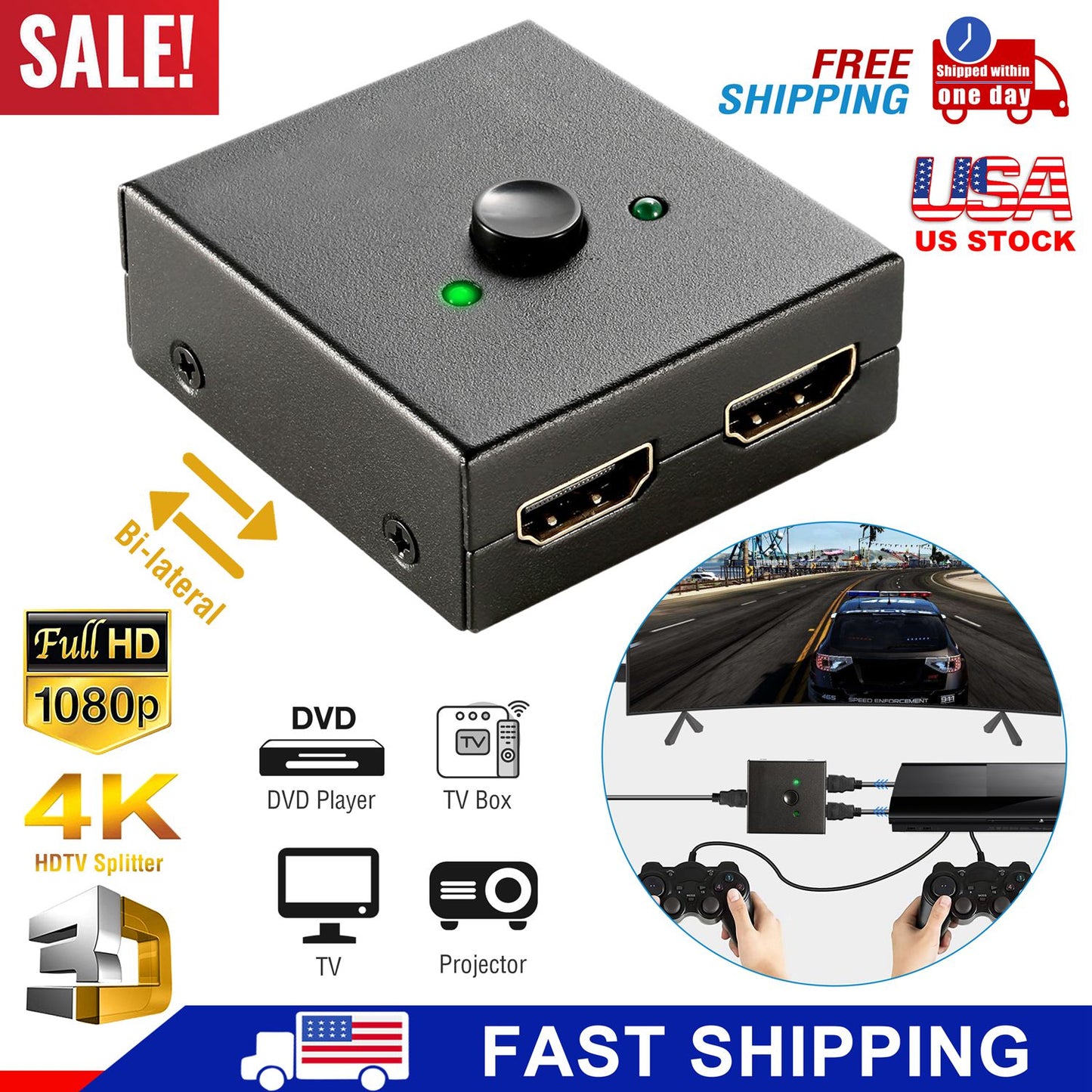 HD IN & HD OUT Bi-directional Switch Adapter 1x2 or 2x1 4K HDTV Splitter Converter Hub Manual Switcher Supports HD 3D 1080P for DVD HDTV Projector Dis