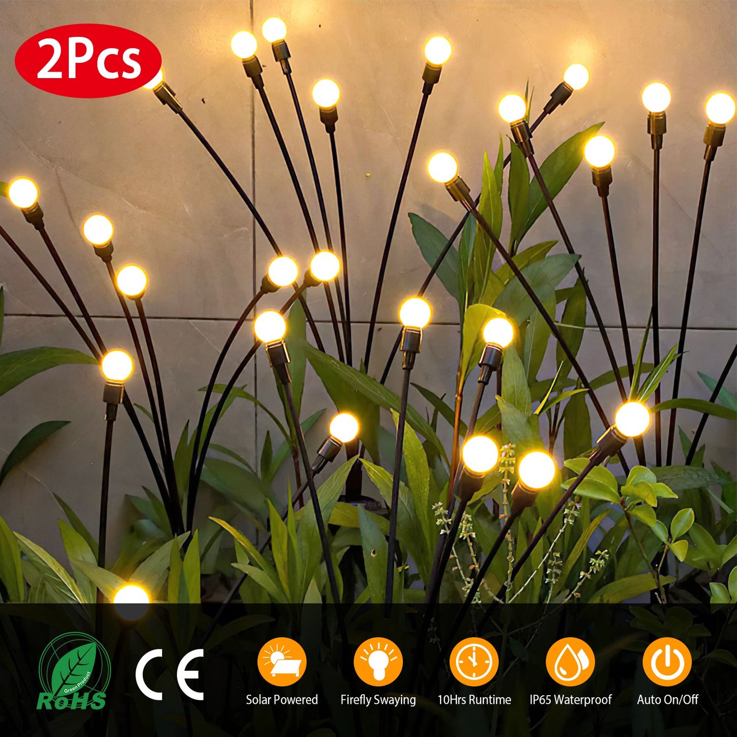 2Pcs Solar Firefly Lights Swaying Decorative Pathway Lamp IP65 Waterproof Landscape Patio Yard Night Light