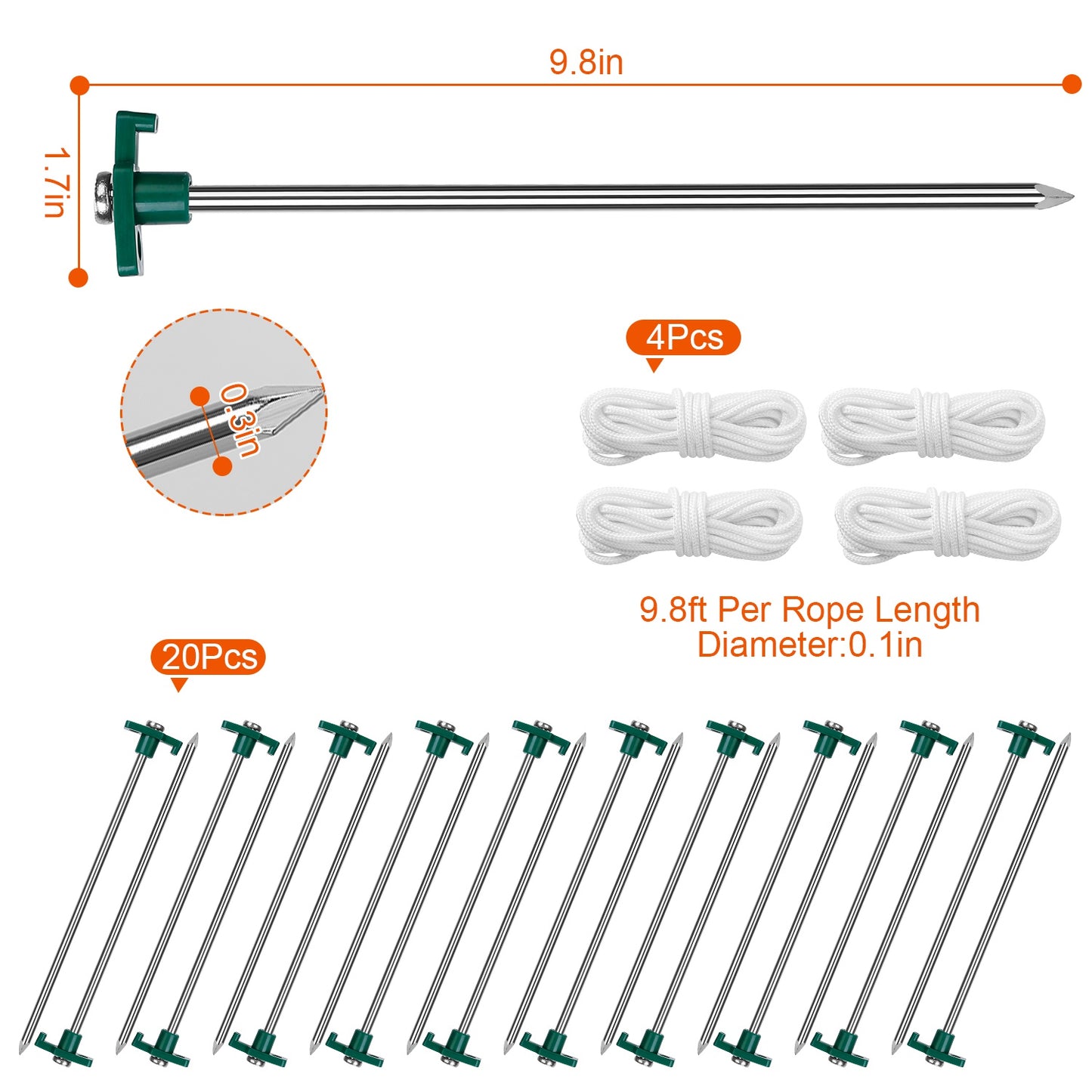 Tent Pegs Ropes Set 20Pcs 9.8in Heavy Duty Tent Stakes Nails Spike with 4x 9.8ft Nylon Ropes Tent Pop Up Canopy Stakes