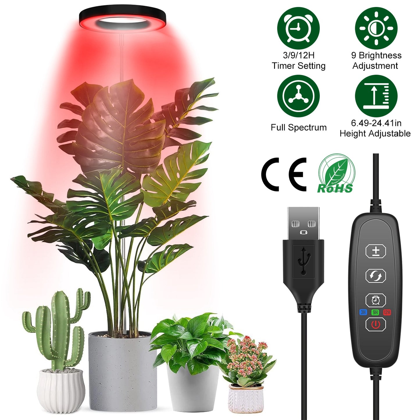 Plant Grow Light LED Full Spectrum Circle Growing Lamp with 3/9/12Hours Auto Timer Setting 9 Dimmable Brightness Height Adjustable for Indoor Plants