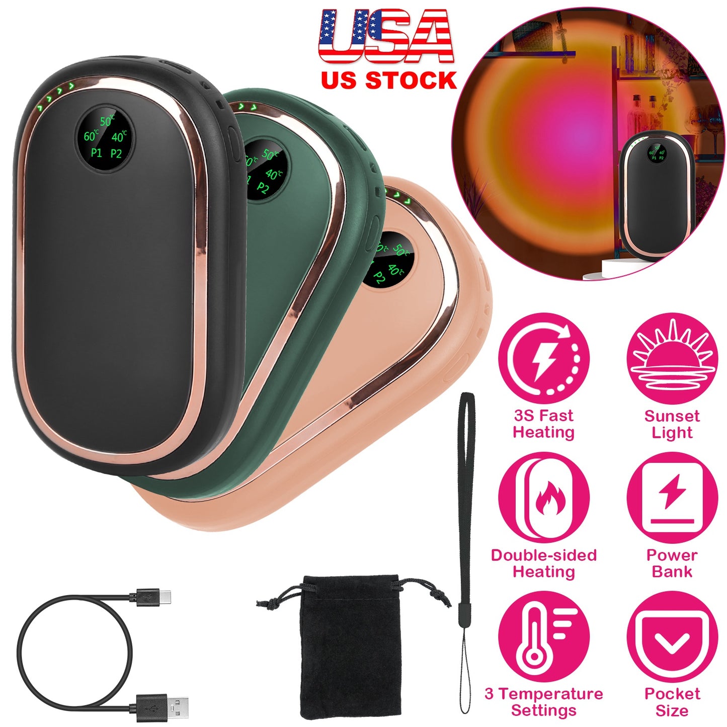 Rechargeable Hand Warmer Electric Hand Heater Portable Reusable Pocket Warmer Power Bank with Digital Display Sunset Light 3 Levels Double-sided Heati