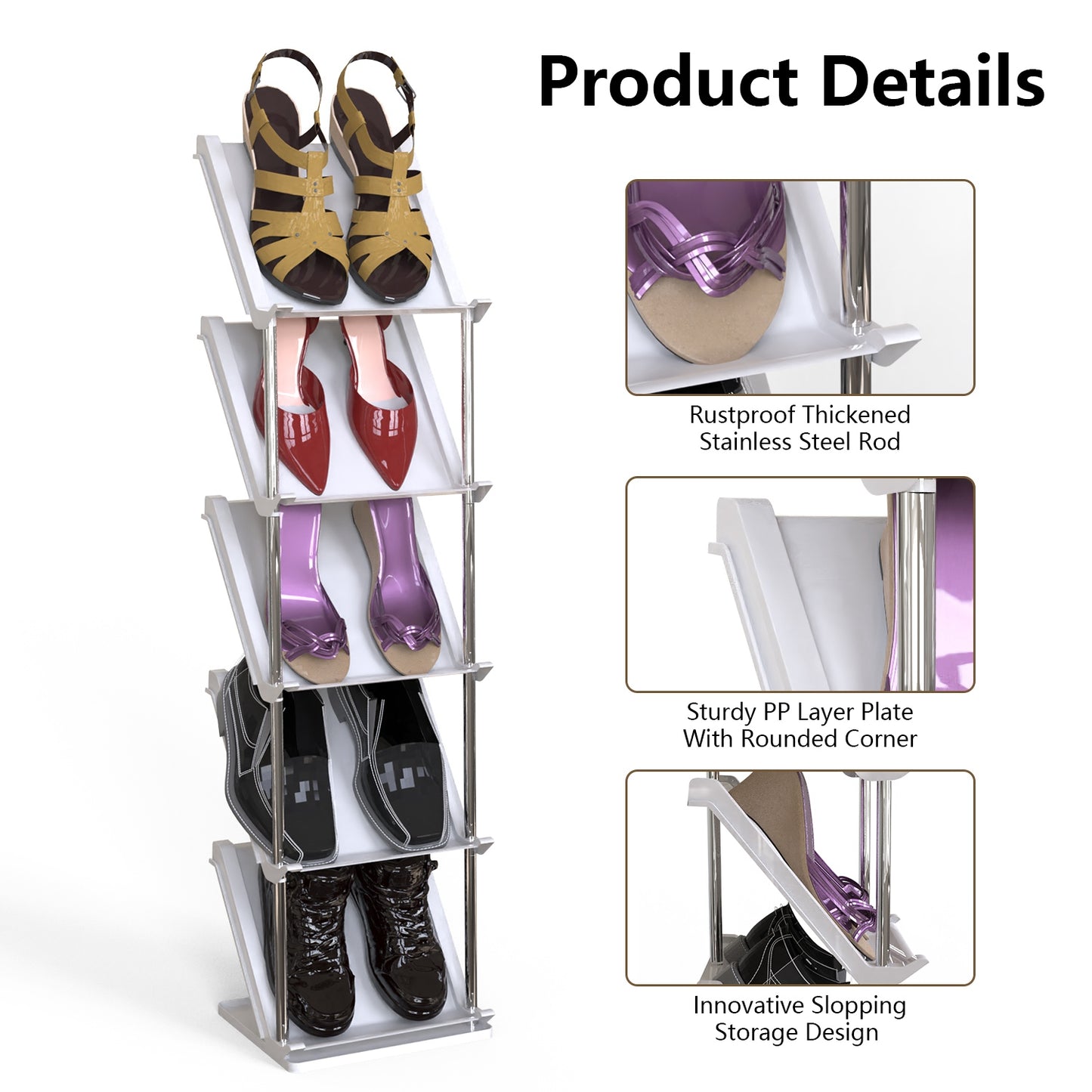 5 Tier Vertical Shoe Rack Narrow Free Standing Storage Organizer for Entryway Space-Saving Stackable Shoe Holder Corner Shoe Tower For Entryway Bedroo