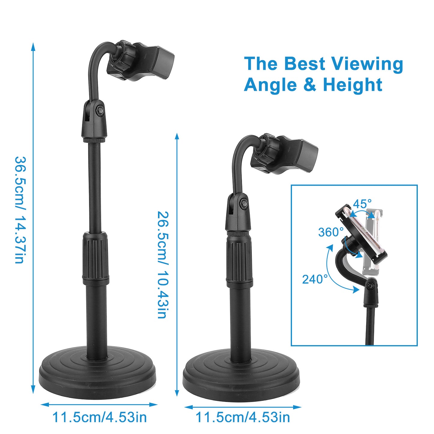 Desktop Phone Stand Angle Height Adjustable Phone Clamp Mount Rotatable Cell Phone Holder For 4-7in Device Selfie Vlog Recording Streaming