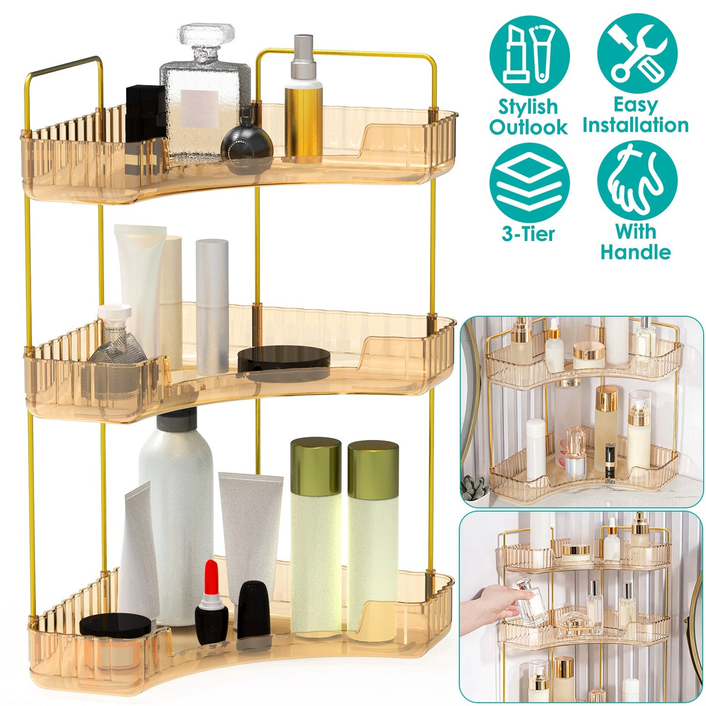 Bathroom Countertop Organizer 3 Tier Corner Makeup Storage Shelf Vanity Cosmetic Perfume Tray Clear Corner Rack for Bedroom Bathroom Kitchen