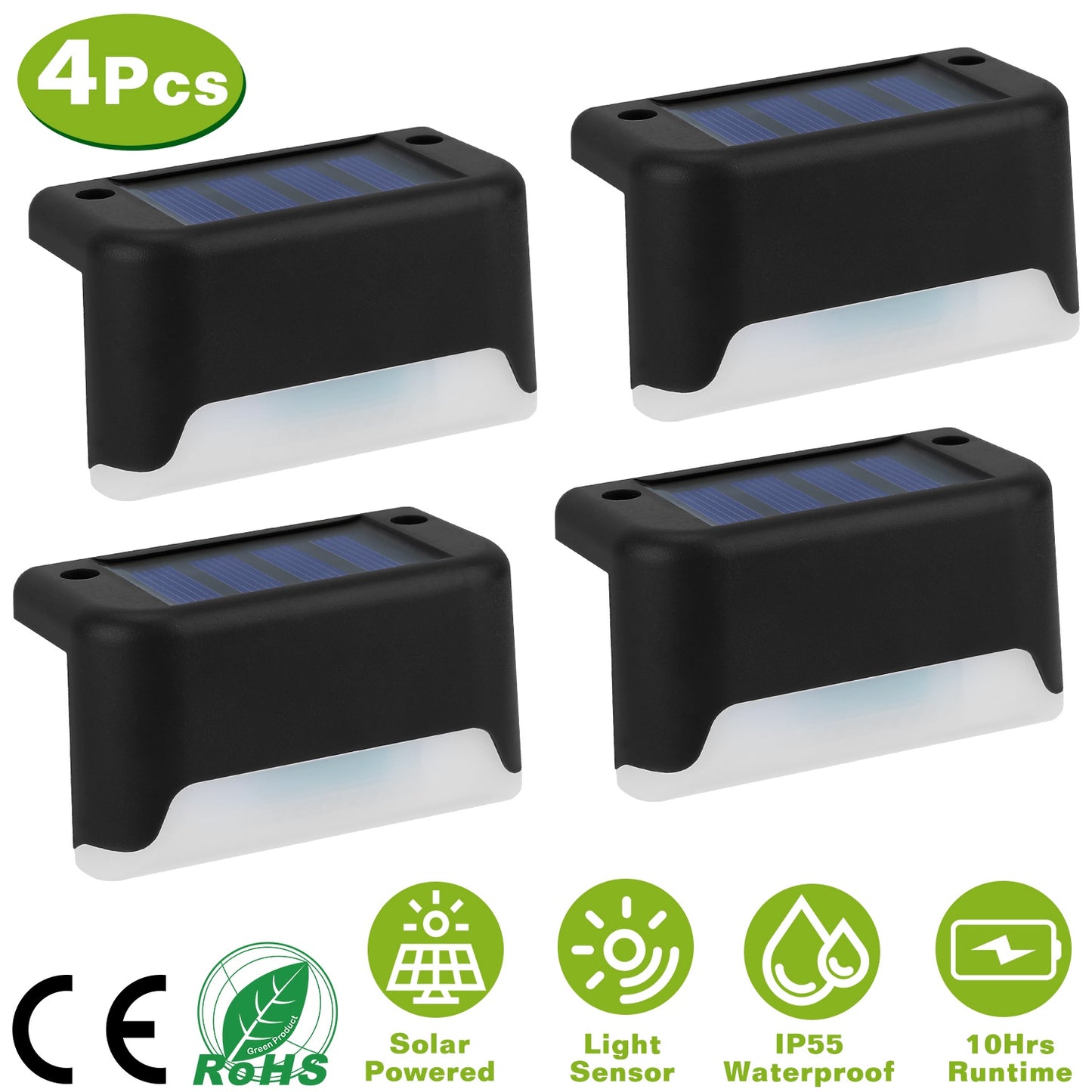 4Pcs Solar Powered LED Step Lights Outdoor IP55 Waterproof Dusk To Dawn Sensor Fence Lamps For Stairs Yard Railing