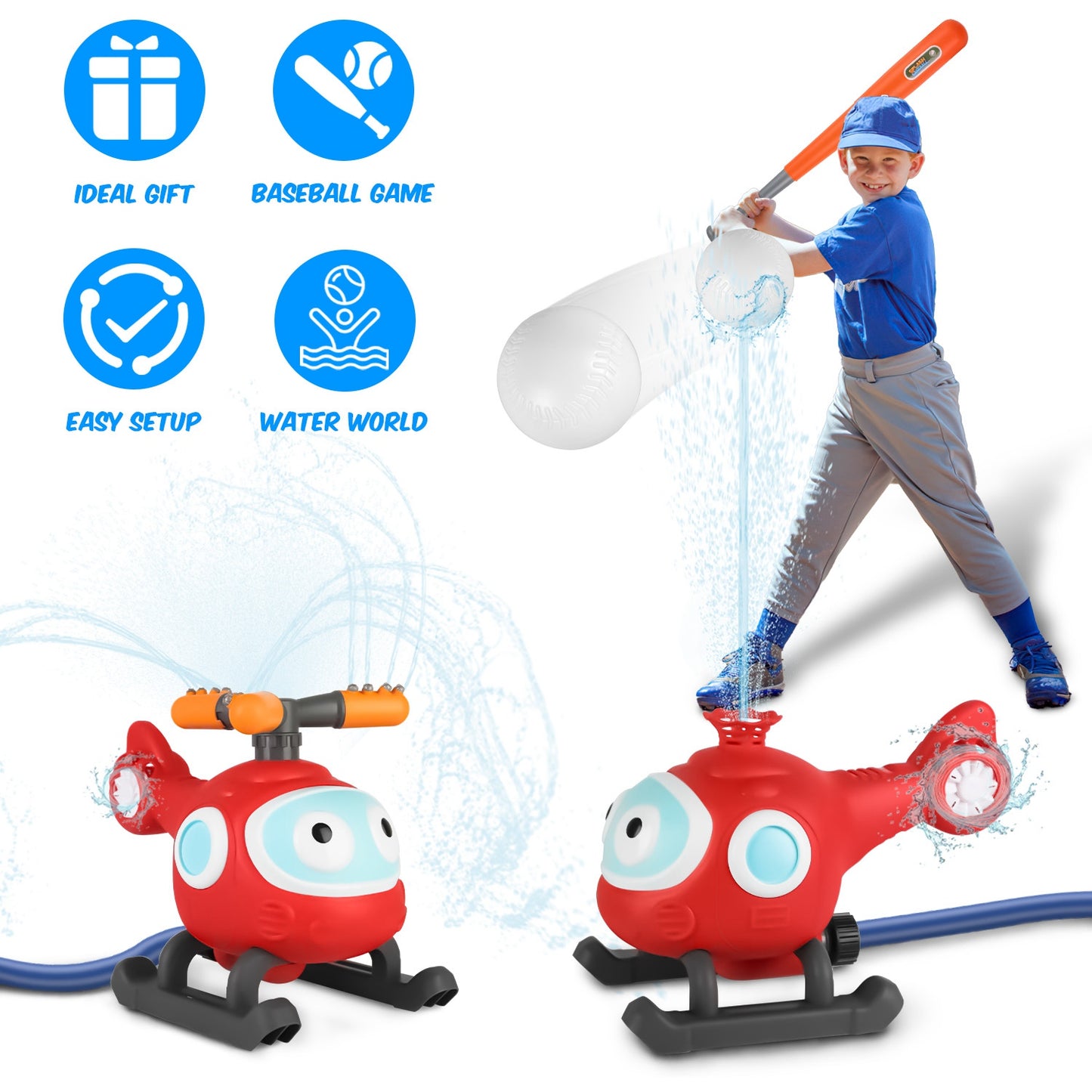 2 In 1 Water Sprinkler Baseball Helicopter Toy for Kids 360¡Rotating Water Tee Ball Set for Backyard Lawn Pool Party Outdoor Summer Game for 3+ Years