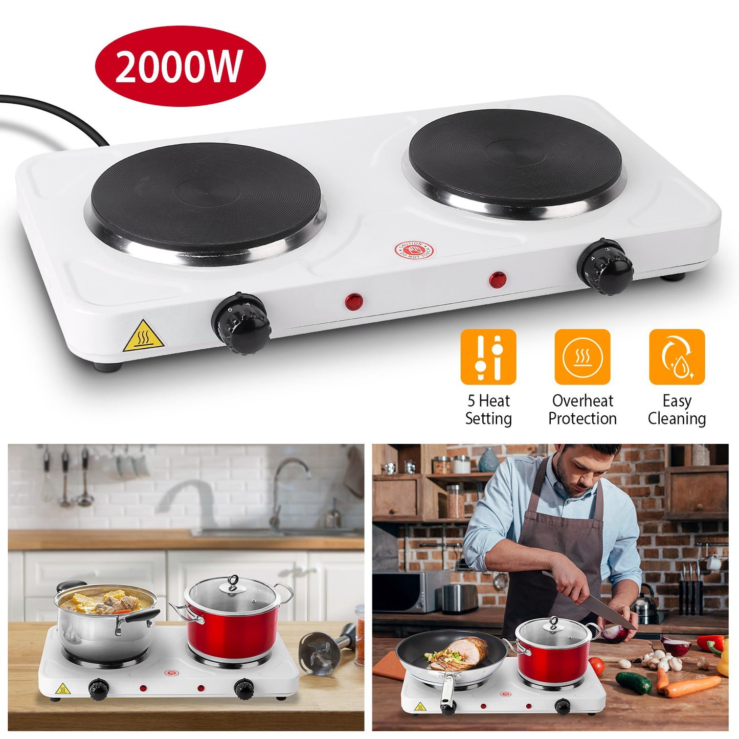 2000W Double Electric Burner Portable Dual Counter Stove Countertop Hot Plate Kitchen Cooker Stove with 5 Gear Temperature Control