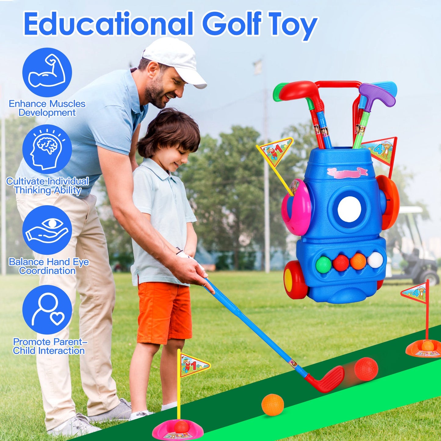 Toddler Golf Set with 4 Balls 4 Clubs 2 Holes 2 Flags Golf Cart Indoor Outdoor Golf Game Gift For 3-5 Years Old Kids