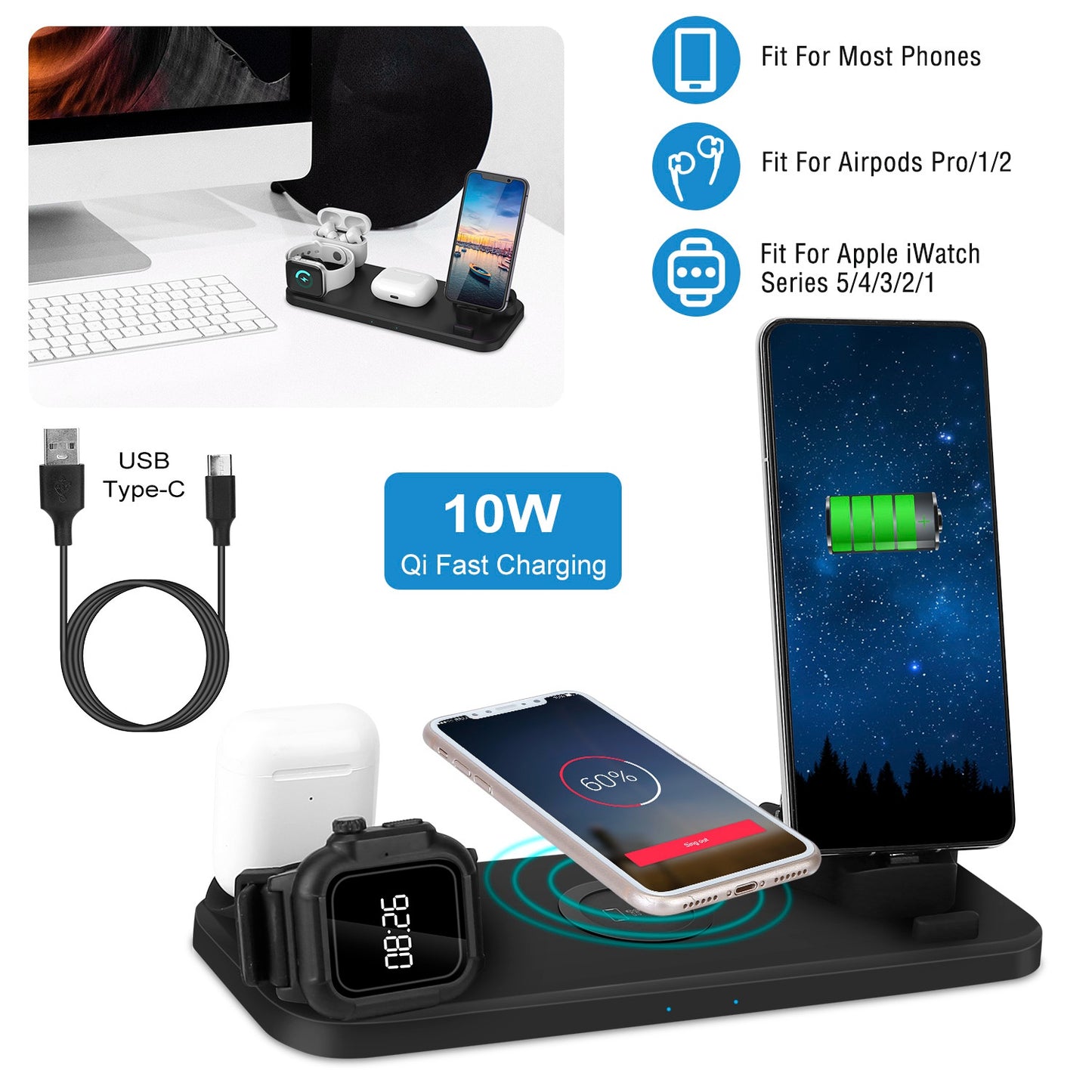 6 In 1 Qi Wireless Charger 10W Fast Charging Station Fit For iWatch 5/4/3/2/1 Airpods Pro/1/2 IOS phone Xs/MAX/XR/X/8/8Plus/11/Pro/11Pro max Galaxy No