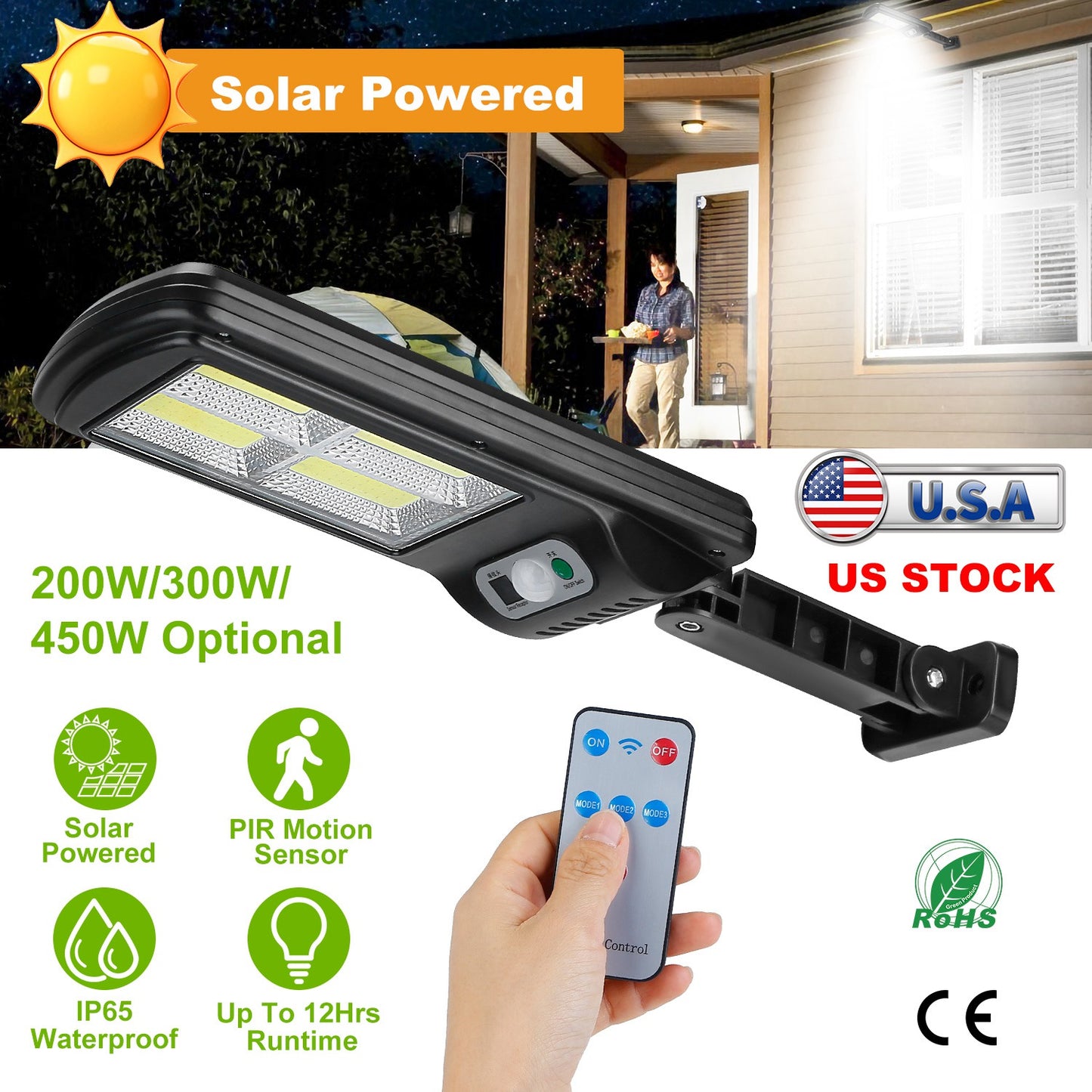 Solar Powered Wall Lights Outdoor 120LED Beads Motion Sensor Lamp IP65 Waterproof 3 Modes Sensor Light W/ Remote Control For Street Front Door Deck