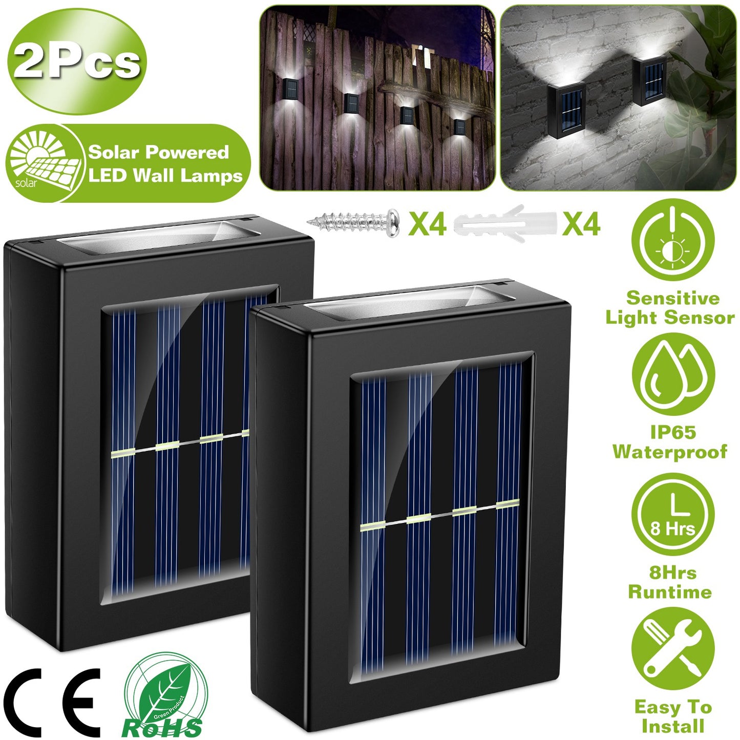 2Pcs Solar Deck Lights Outdoor 2LED Beads Waterproof Sensor Fence Stair Lamps For Patio Landscape Yard White Lighting Color