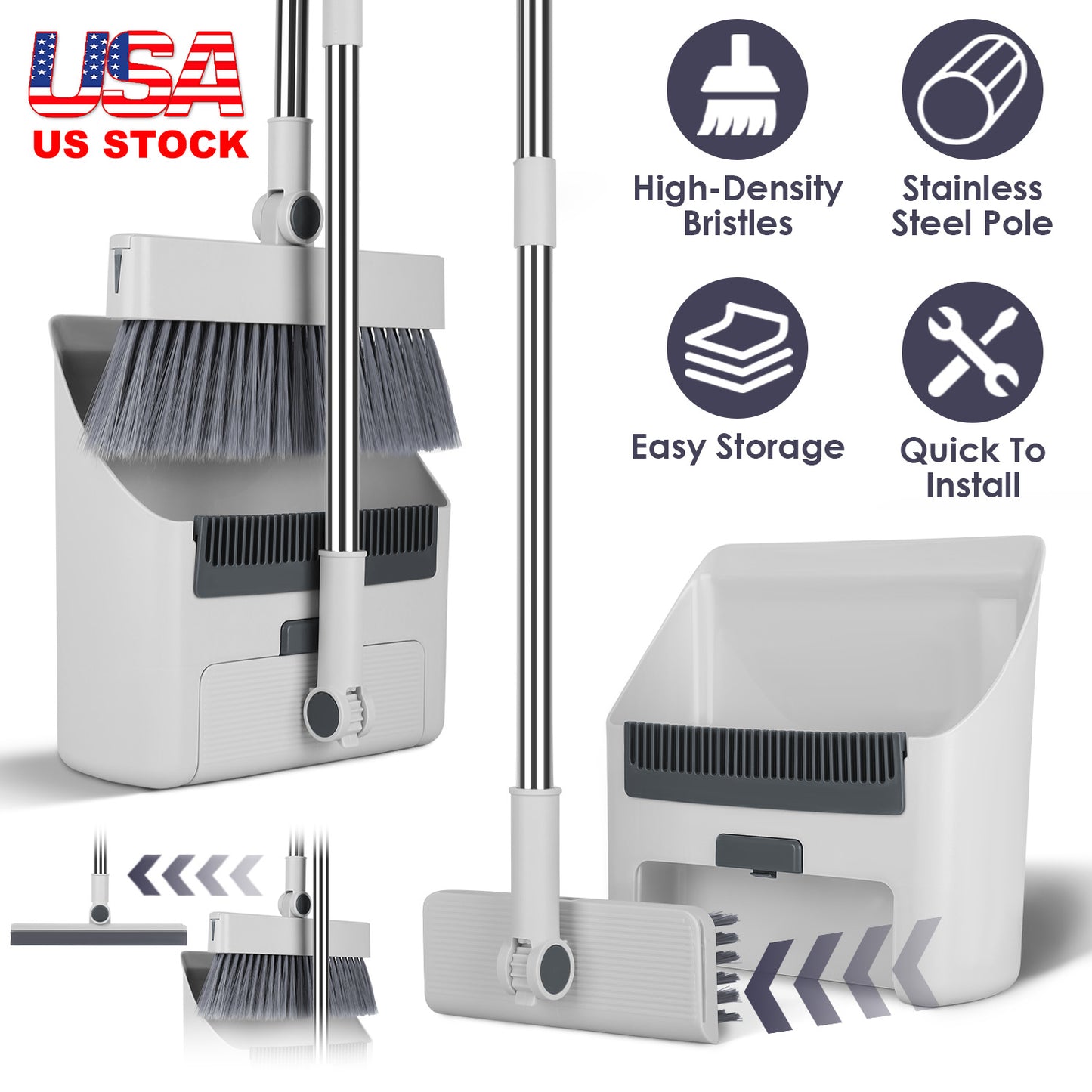 Broom And Dustpan Combo Set With Squeegee Stainless Steel Handle 4 In 1 Upright Standing Broom And Dust Pan For Indoor Outdoor Garage Kitchen Room Off