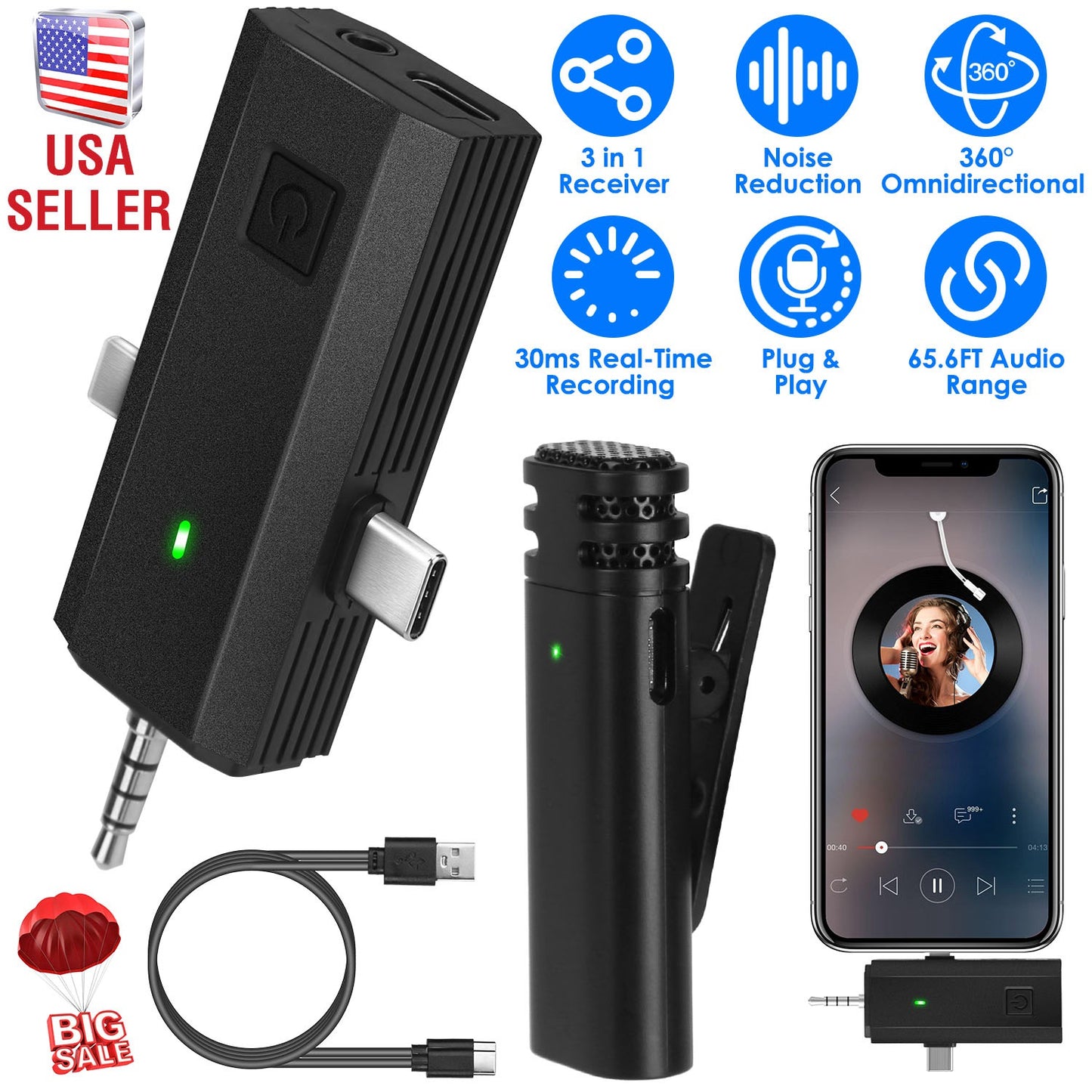 1Pc 3 in 1 Wireless Clip On Microphone Omnidirectional Mic Noise Reduction Plug and Play 65.6FT Transmission Type-C IOS PC Video Record Interview Vlog