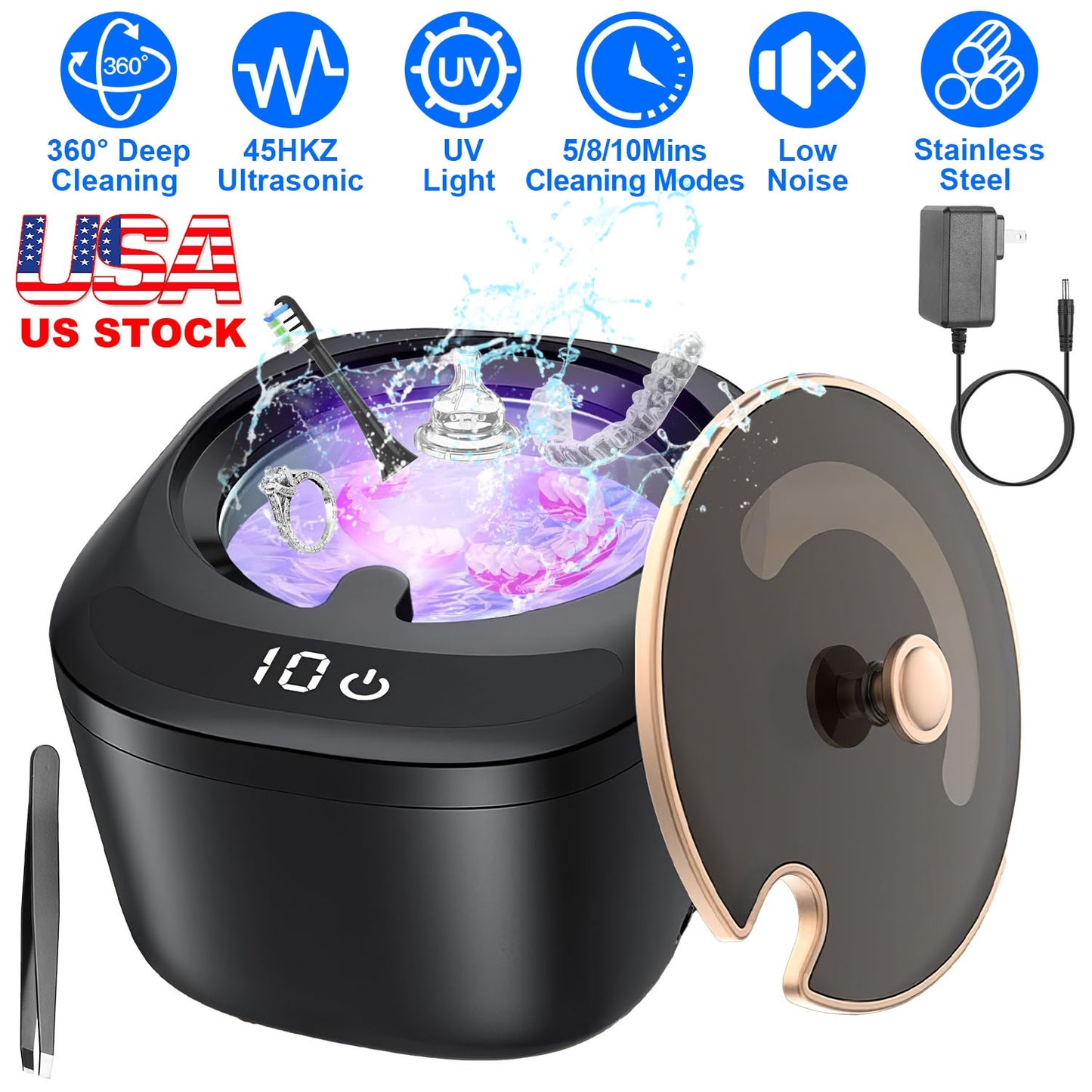 Ultrasonic Retainer Cleaner 45kHz Ultrasonic Cleaning Machine with 3 Modes 230ML Capacity UV Light for Denture Mouth Guard Aligner Dental Trays Braces