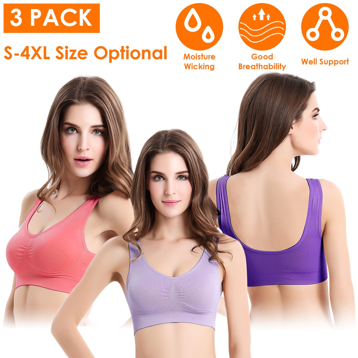 3 Pack Sport Bras For Women Seamless Wire-free Bra Light Support Tank Tops For Fitness Workout Sports Yoga Sleep Wearing