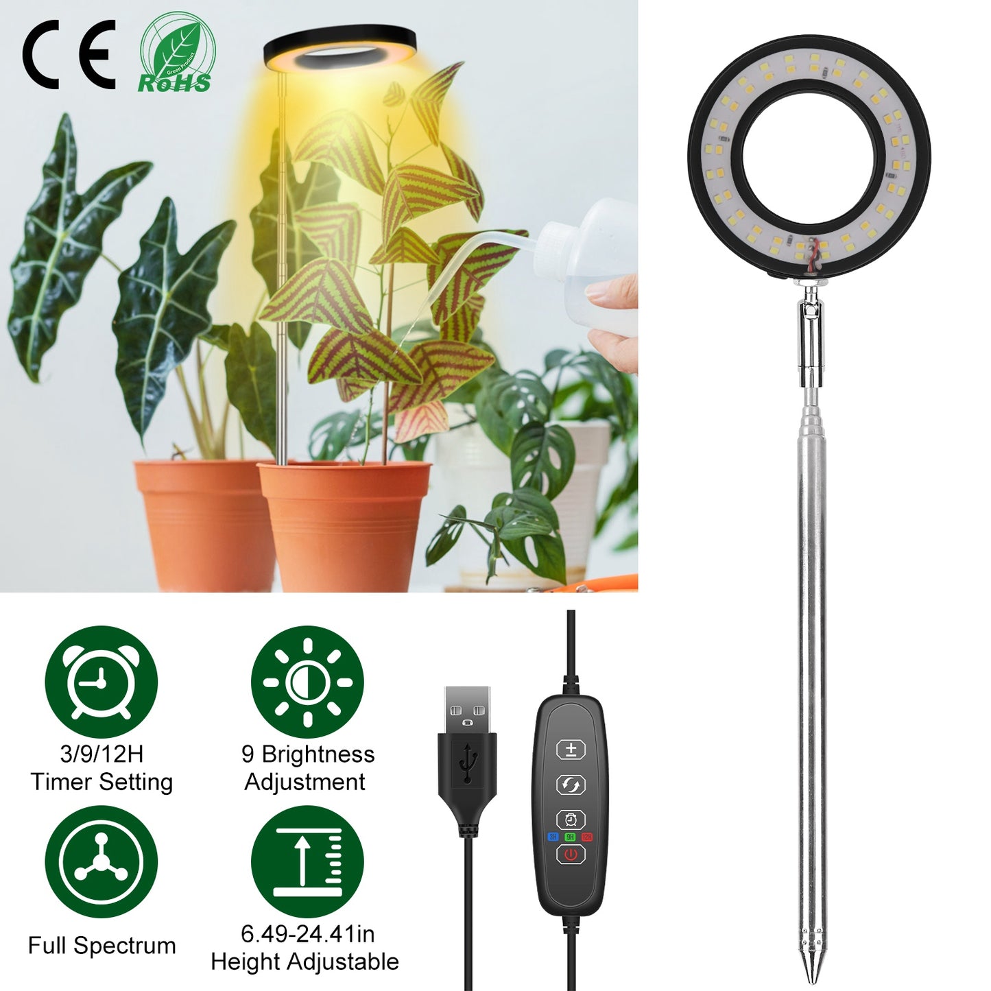 Plant Grow Light LED Full Spectrum Circle Growing Lamp with 3/9/12Hours Auto Timer Setting 9 Dimmable Brightness Height Adjustable for Indoor Plants