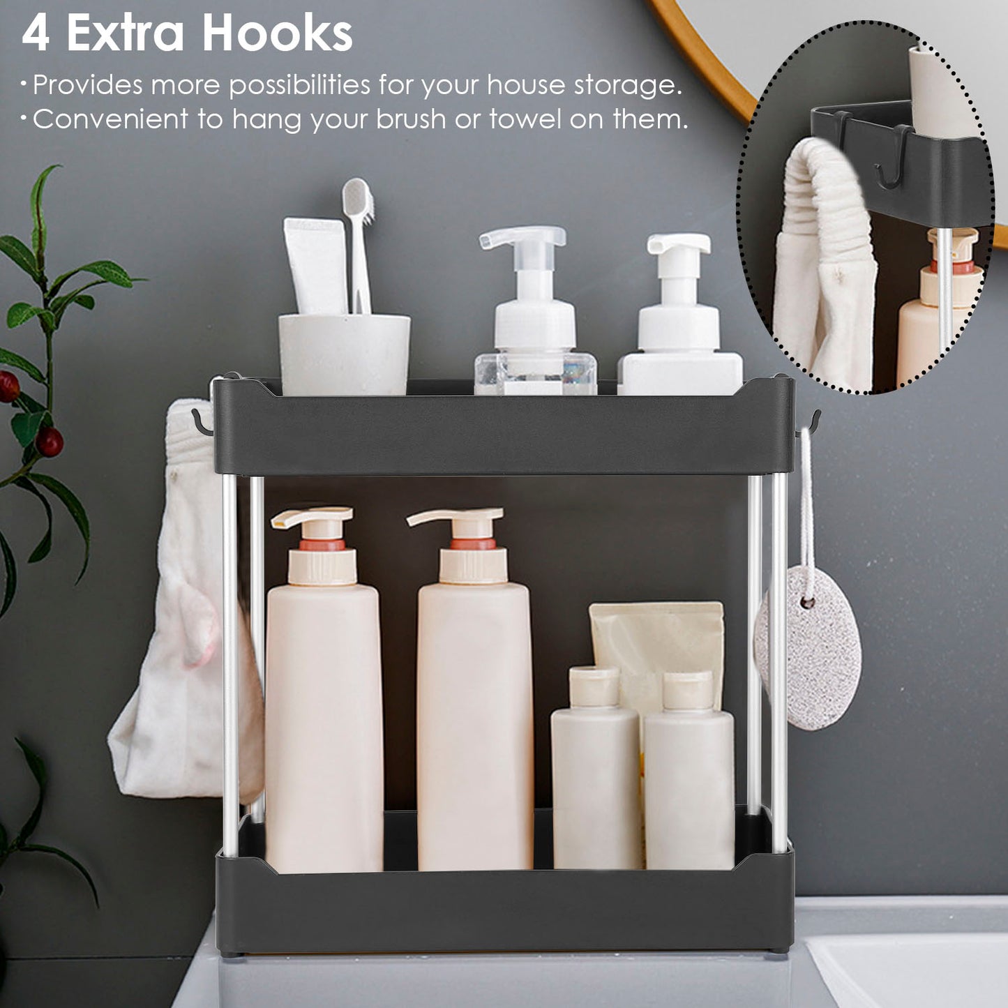 2-Tier Under Sink Shelf Organizer Space Saving Under Bathroom Sink Storage Rack w/ 4 Hooks