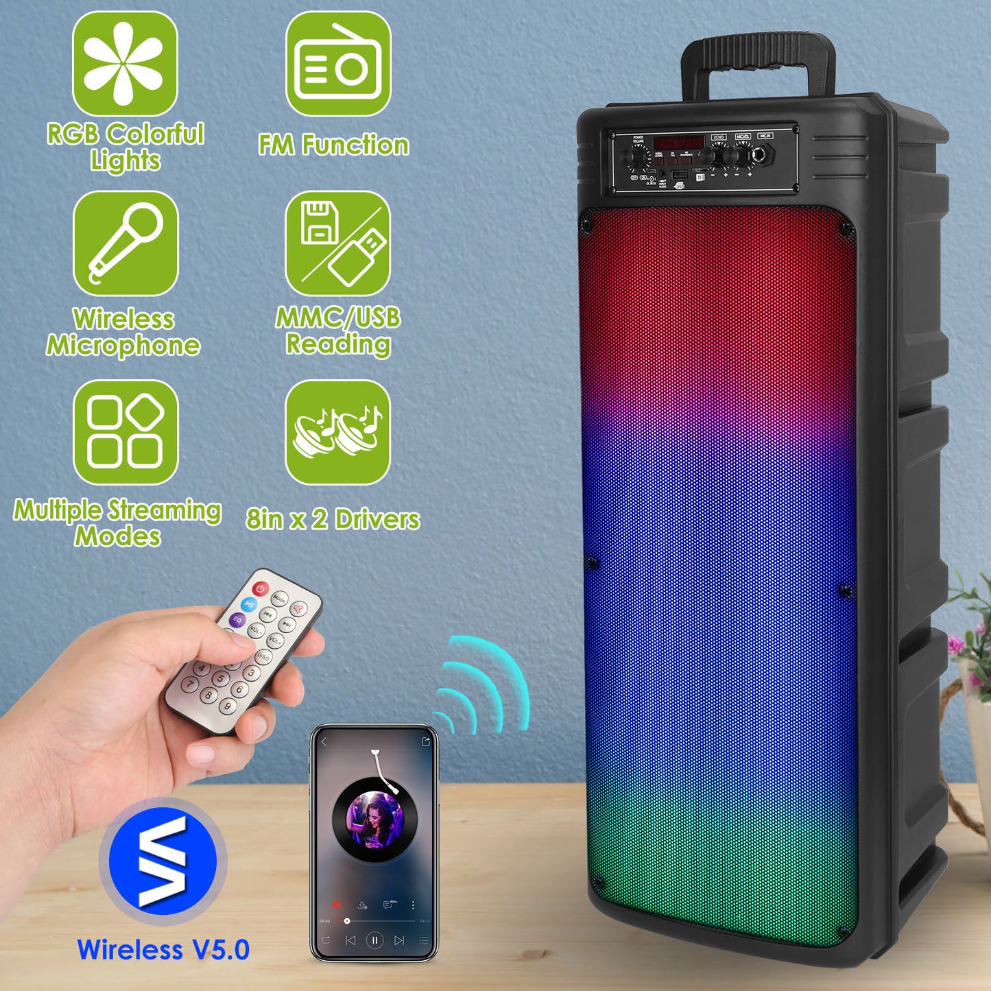 Portable Wireless Party Speaker Dual 8in Colorful Lights DJ PA System with TWS Function FM Radio USB MMC Card Reading Aux In Recording Function Wirele