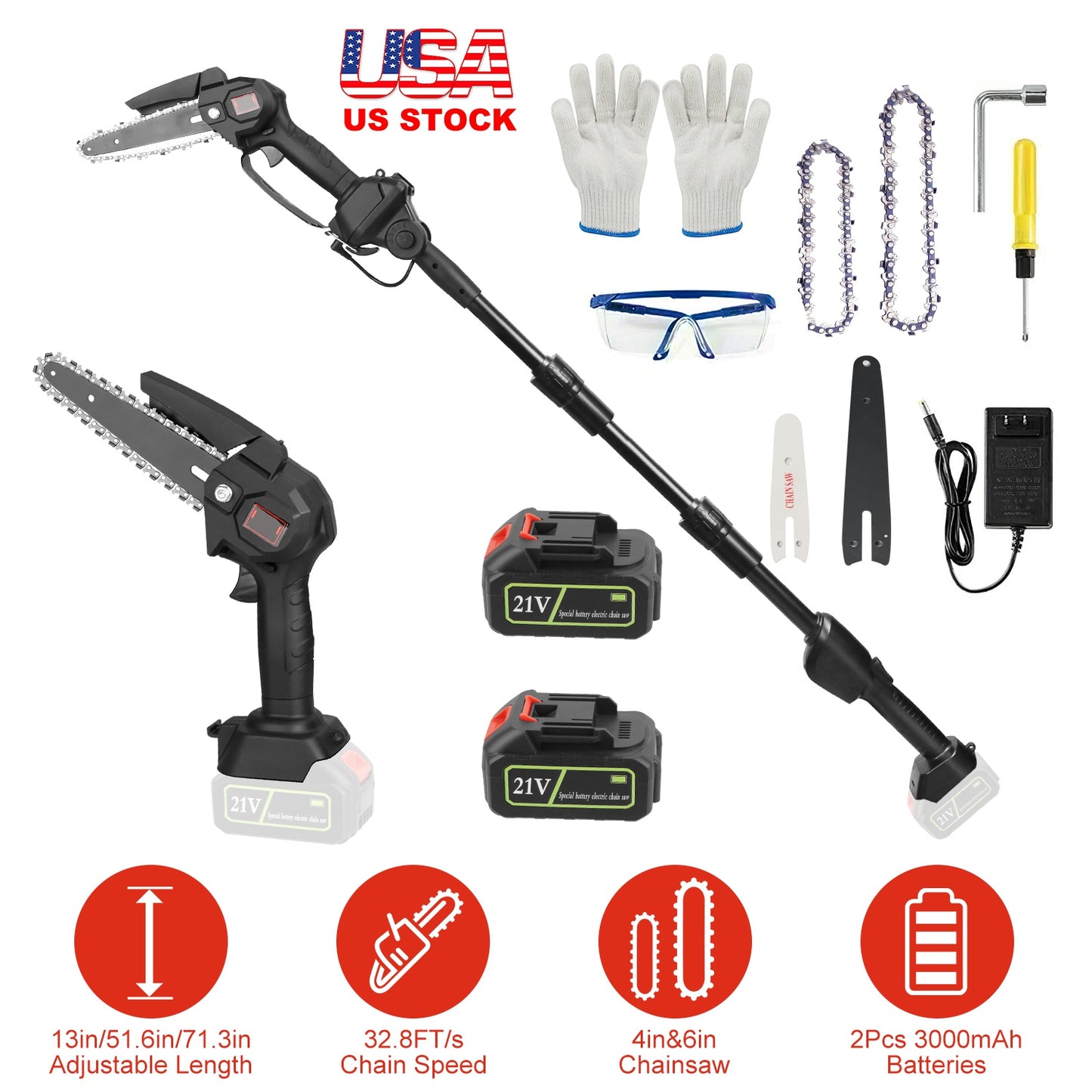 2-in-1 Cordless Pole Saw & Mini Chainsaw Electric Mini Chainsaw Length Adjustable Cordless Chain Saw with 2Pcs 3000mAh Batteries 4in/6in Chains for Tr