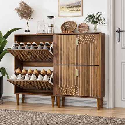 Slim Shoe Storage Cabinet with 2 Flip Drawers & Gold Handles