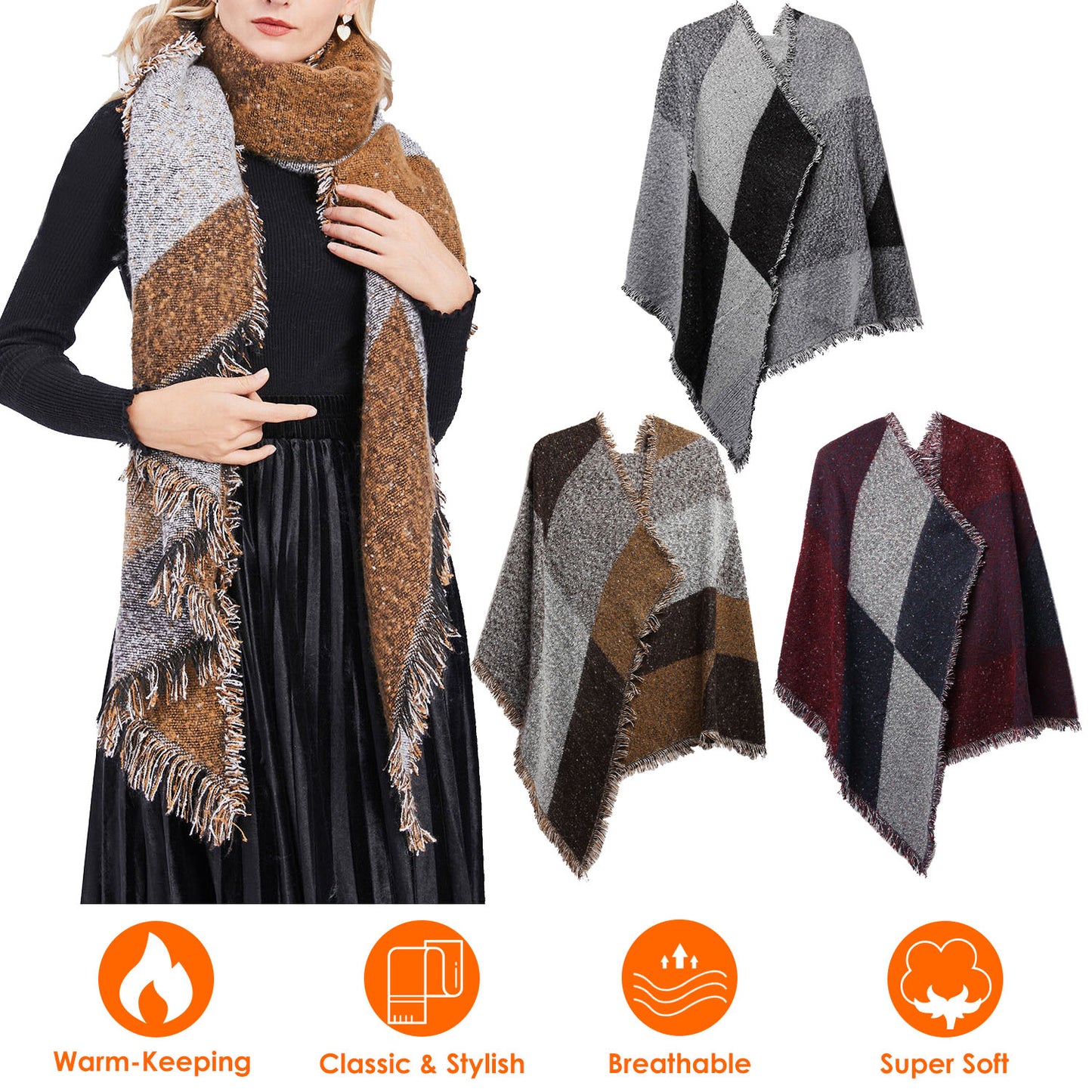 Women Winter Warm Scarf 74.8x25.6In Long Soft Knitted Shawl Extra Thick Plaid Blanket Wrap Cape