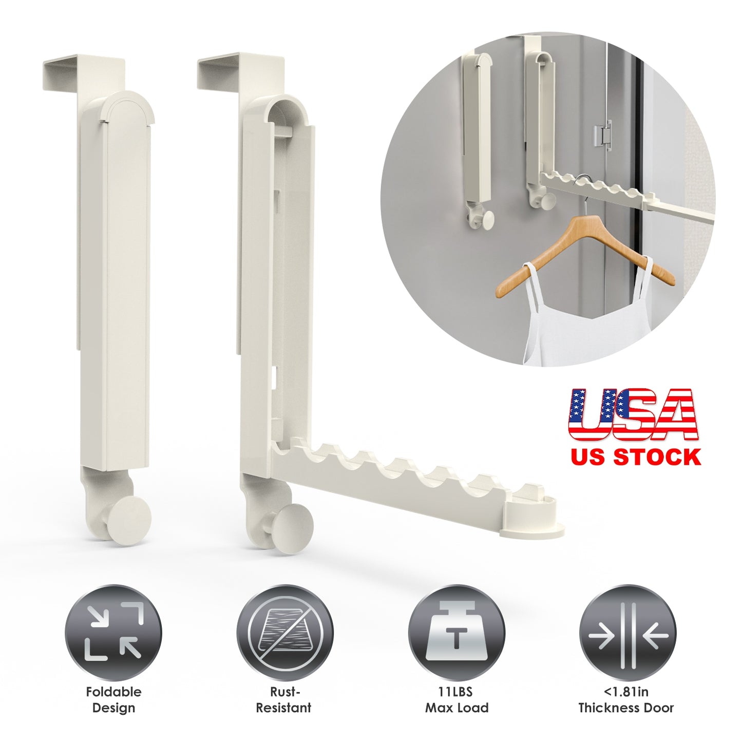 2Pcs Over The Door Hanger Hooks For Clothes Foldable Clothes Drying Rack For Laundry Coats Towels Portable Clothing Hanger Hook For 1.81In Thickness D