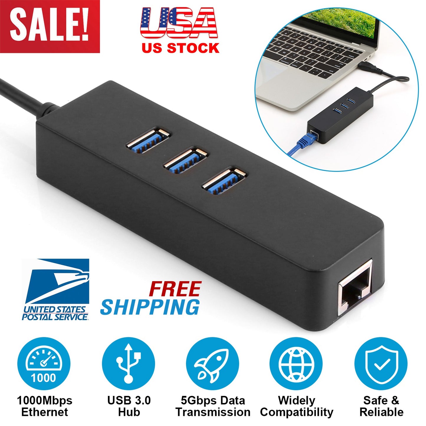 3 Ports USB 3.0 Hub Gigabit Ethernet Adapter 10/100/1000 Mbps Converter LAN RJ45 Wired USB Network Adapter
