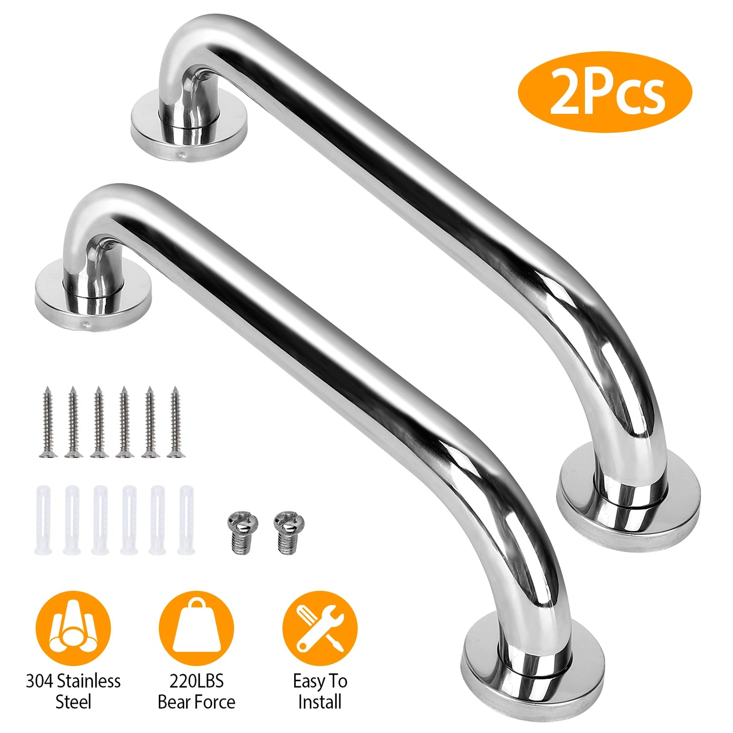 2Pcs Bath Grab Bar 11.8in Sturdy Stainless Steel Shower Safety Handle For Bathtub Toilet Stairway Anti-slip Handrail Balance Bar 220LBS Pull Force