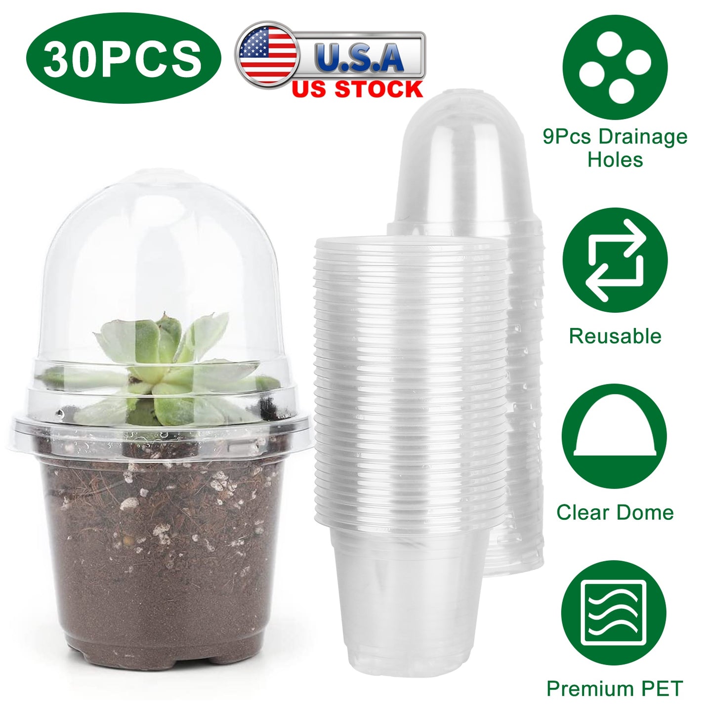 30Pcs Plant Nursery Pots PET Flower Seed Starting Pots Container with Dome with Drainage Holes