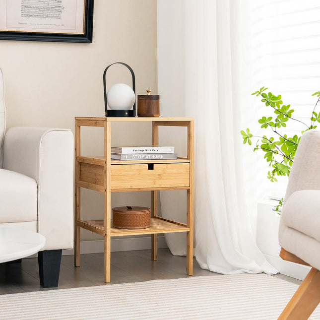 Bamboo Nightstand with Storage Drawer and Slatted Shelf
