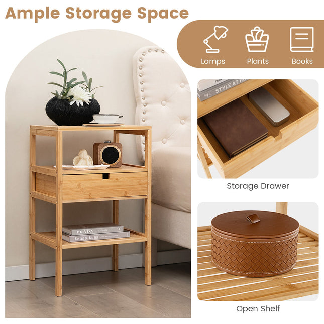 Bamboo Nightstand with Storage Drawer and Slatted Shelf