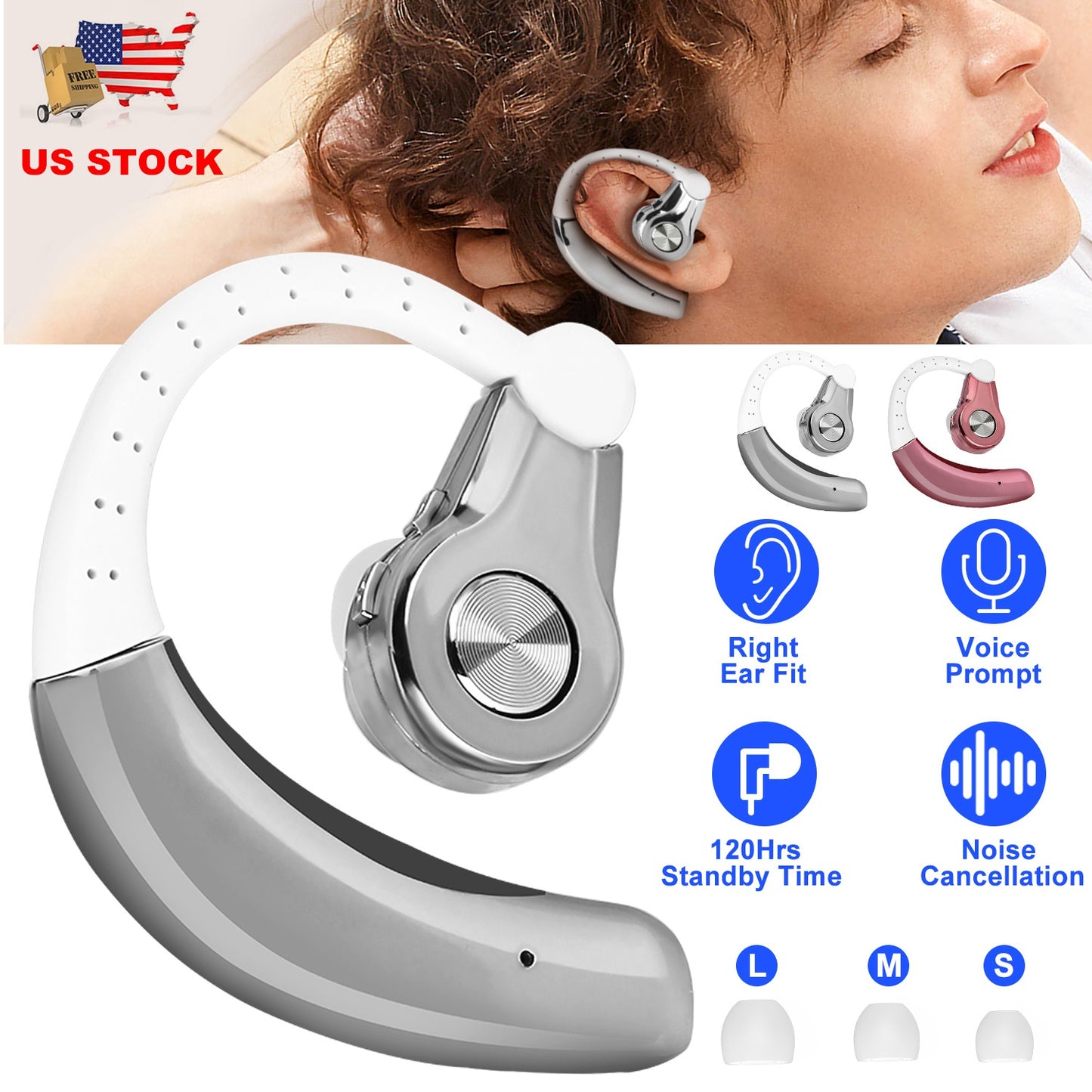 Wireless Earpiece Right In-Ear Wireless Earphone w/ Mic Earhook For Business Office Driving 120Hrs Playtime