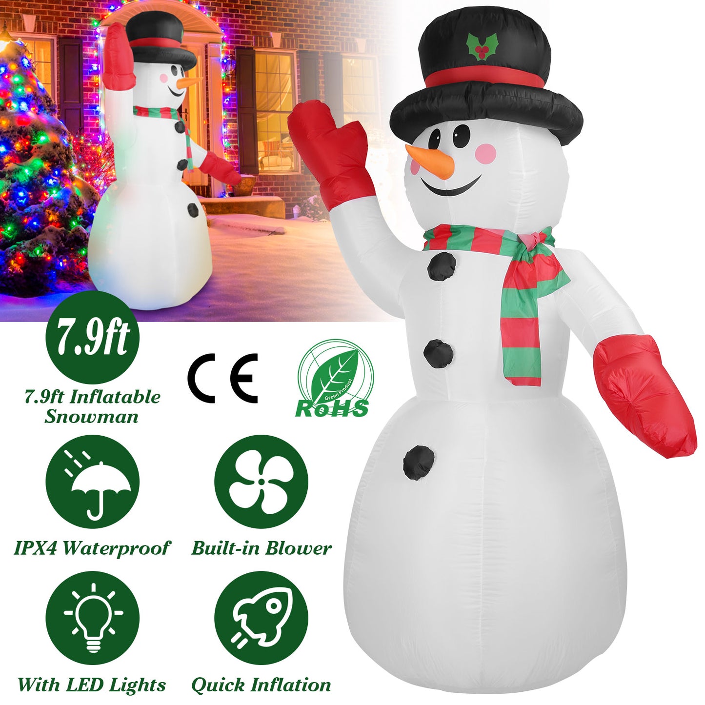 7.9FT Christmas Inflatable Giant Snowman Blow up Light up Snowman with LED Lights Hat Scarf  IPX4 Waterproof Christmas Outdoor Yard Lawn Holiday Decor