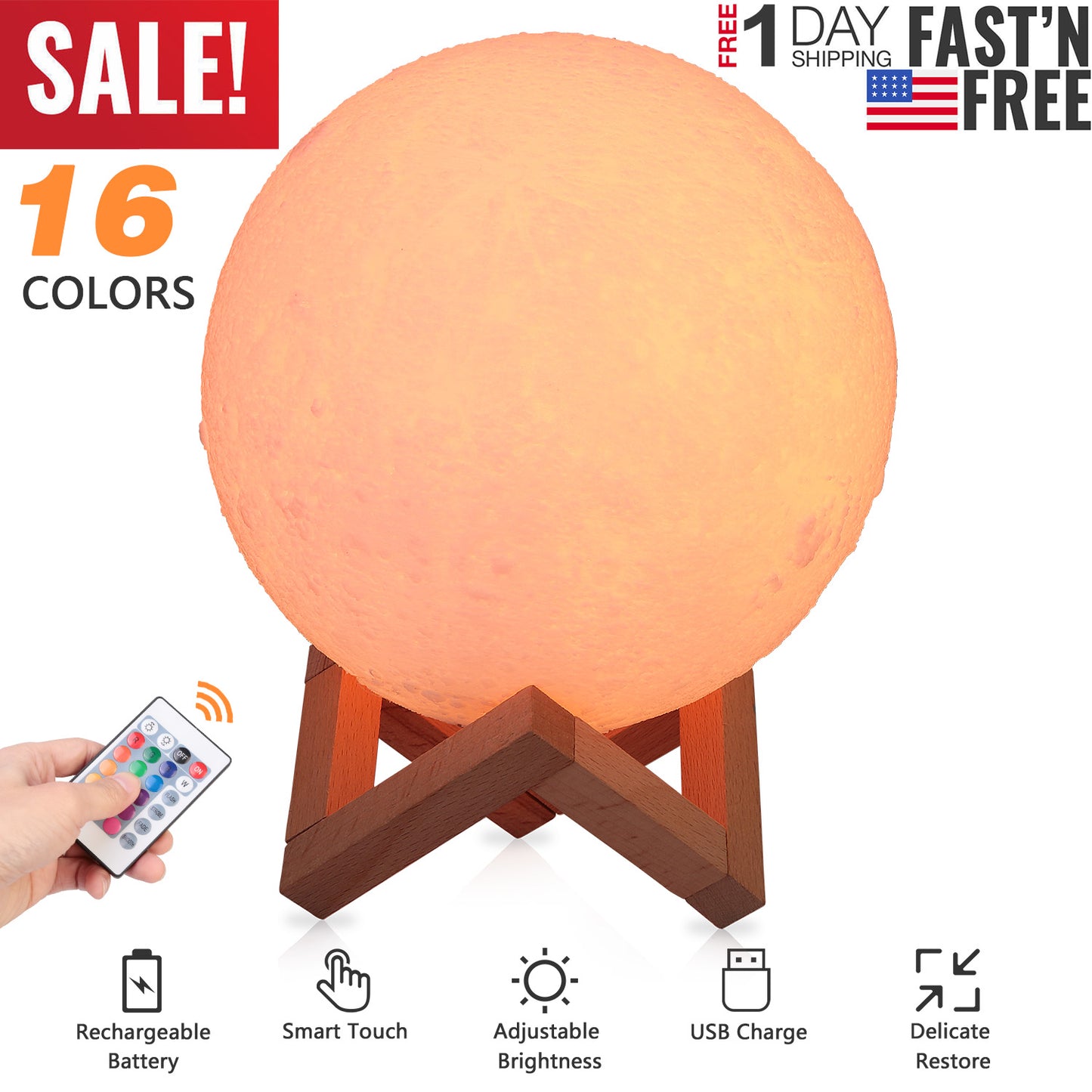 Moon Lamp 3D Printed Night Light 16 Colors Decorative Moon Light Touch Remote Control 3.15in