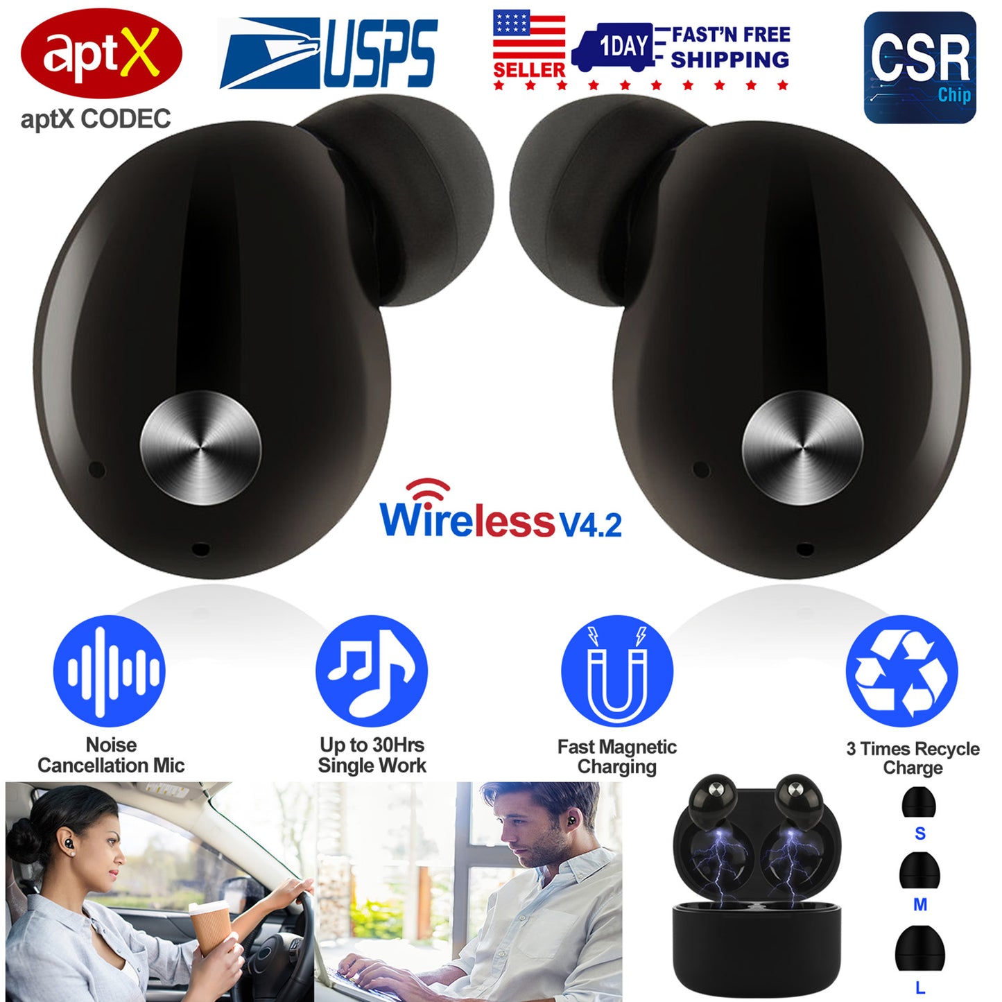 TWS True Wireless V4.2 Earbuds IPX4 In-ear stereo Earphone Hands-free Deep Bass Earpiece w/Mic Magnetic Charging Case 30Hrs Single Earbud Work Time Dr