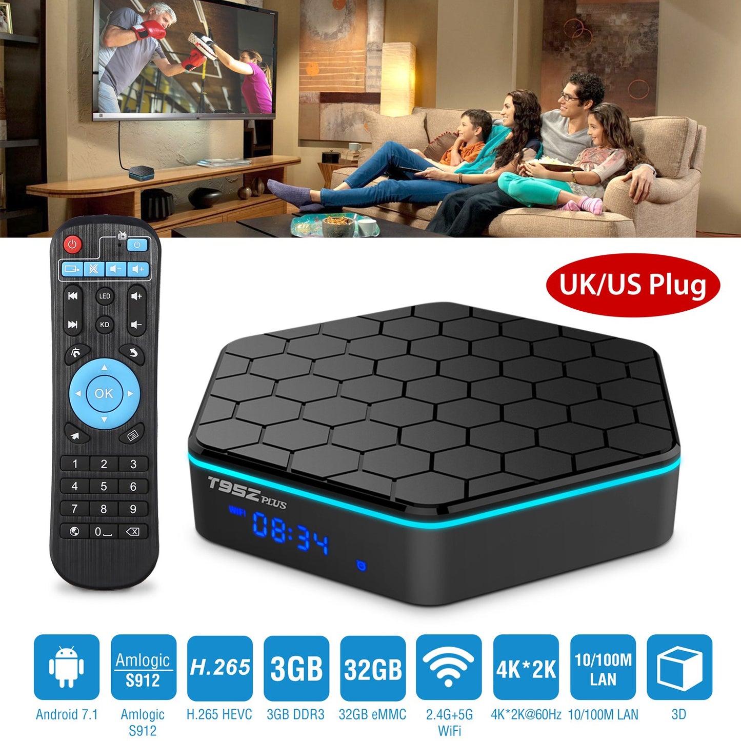Android 7.1 TV Box Amlogic S912 Octa Core 3GB / 32GB UHD 4K VP10 H.265 WiFiUSB2.0 Smart Streaming Media Player US UK Plug