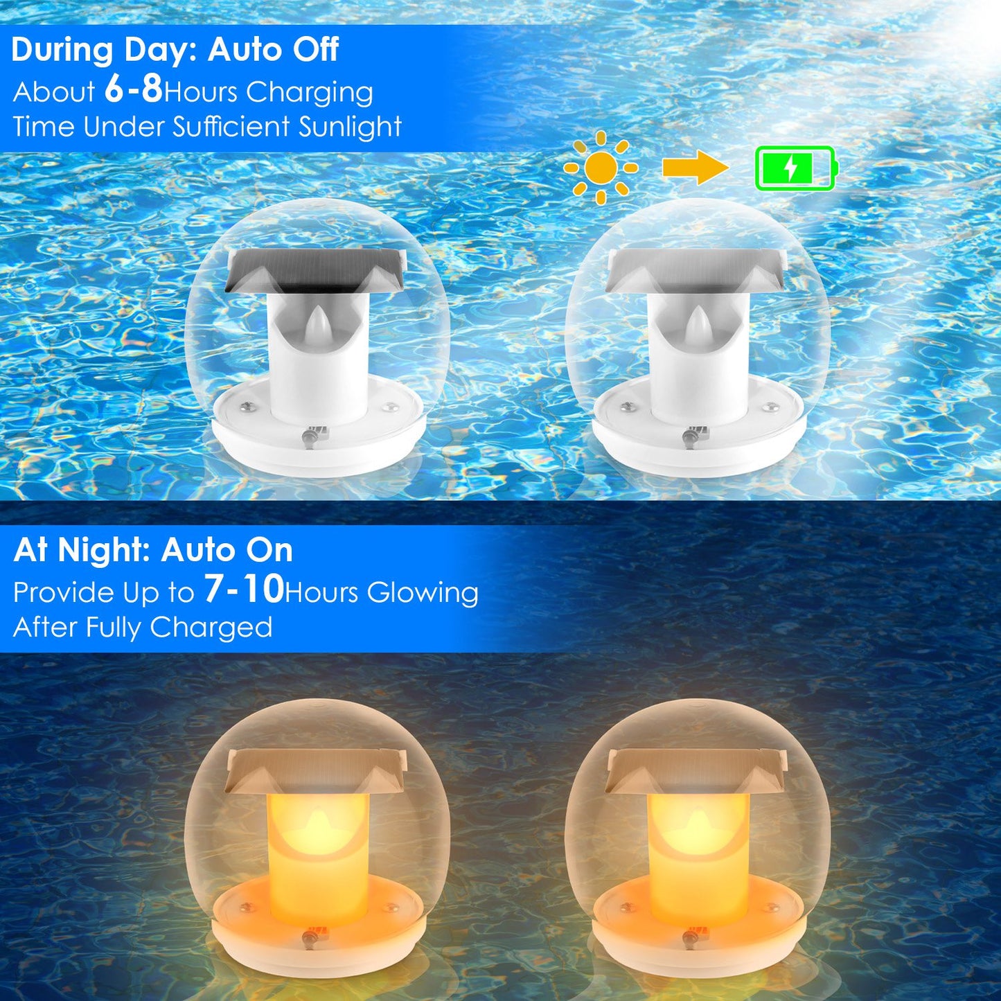 2Pcs Solar Floating Pool Lights Solar Flame Stake Lights IP67 Waterproof Outdoor Globe Ball Lights With 3 Lighting Colors Modes For Pool Garden Patio